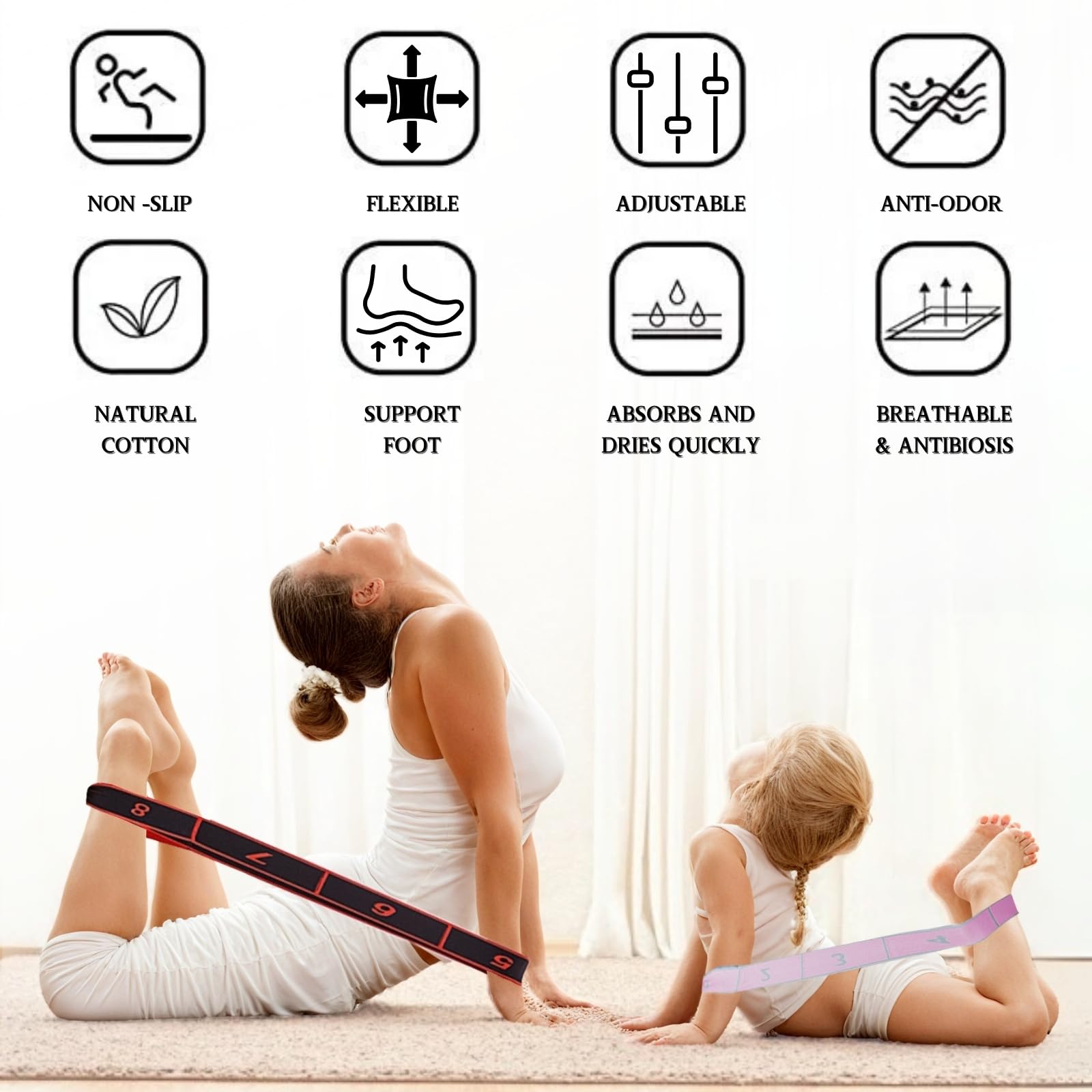 KEYRI Fascia elastica per yoga, 2 pezzi, fascia elastica di resistenza, fascia elastica per fitness, con 8 fibbie, per bambini e adulti Pilates Fitness Ginnastica