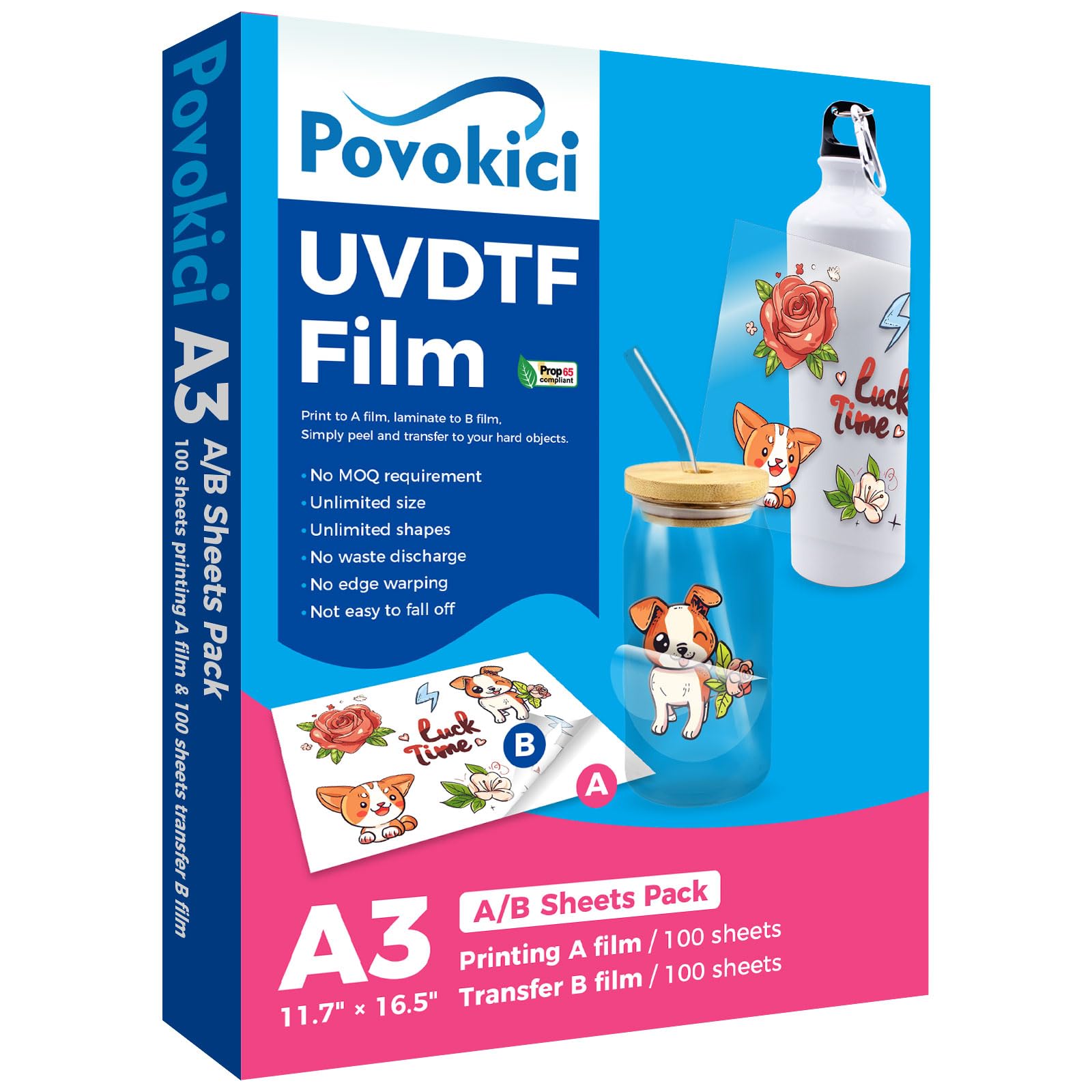 DTF転写フィルムインク 4色セット Amazon | POVOKICI UV DTF転写フィルム用紙 A3 200枚 A/B