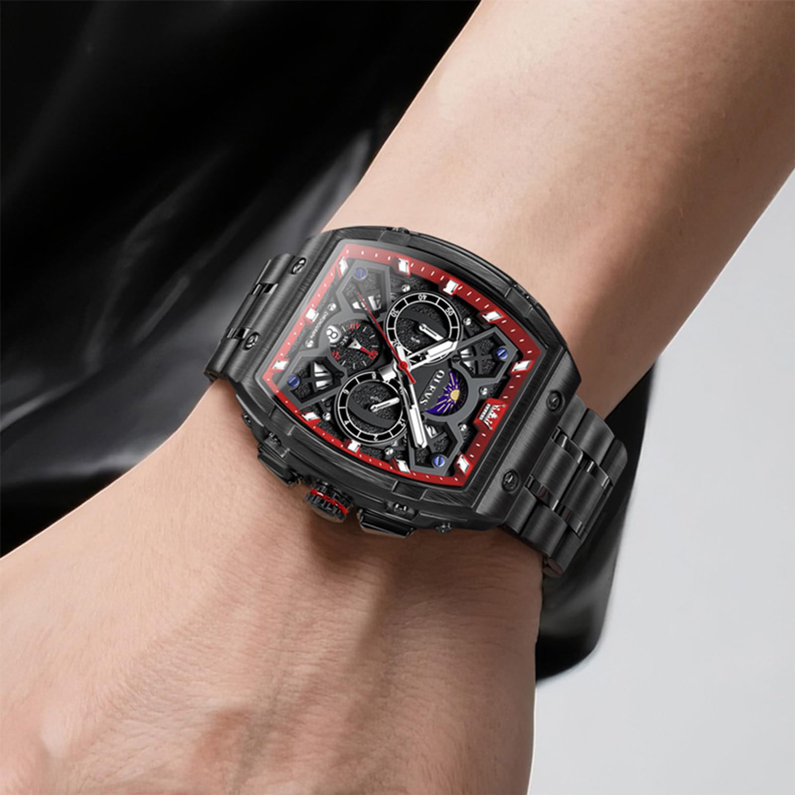 OLEVS Orologio da uomo con cronografo, grande quadrato, in acciaio inox, al | Tonneau Design, orologio da polso con grande quadrante da 44 mm, impermeabile fino a 30 m, con fase lunare, luminoso