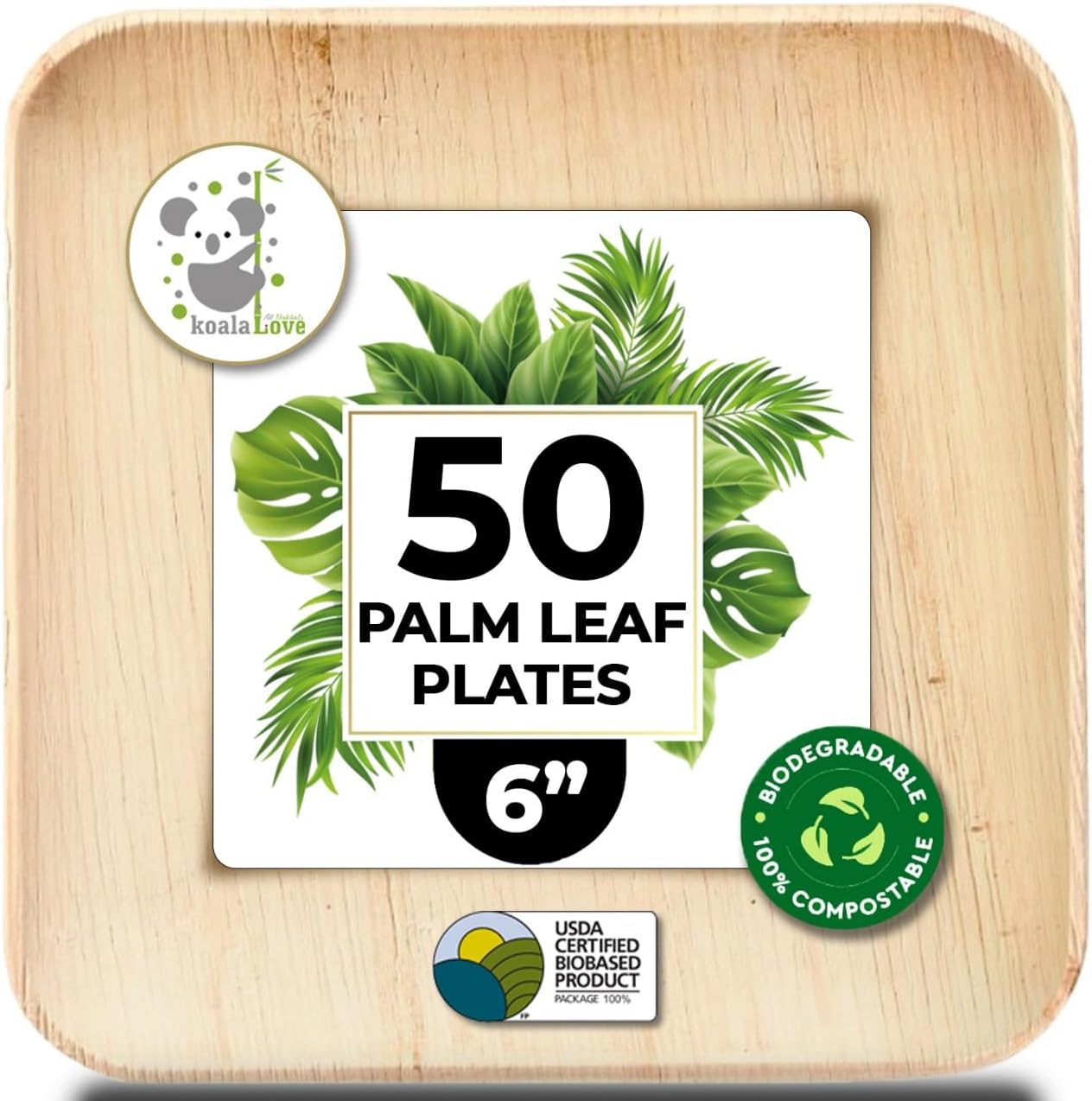 Palm Leaf Plate Bamboo Paper Disposable 6 Inch 50 Bulk Appetizer and Dessert Square Party Pack Eco Biodegradable Compostable Wooden Plates Better Than Plastic Plate By KoalaLove