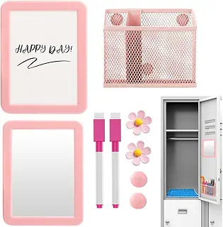 Magnetic Locker Accessories - Whiteboard Mirror & Pen Holder Set | Cute Refrigerator & Locker Decor Kit With Dry Erase Markers For Kitchen, Classroom, Dorm, College, Office, School & Gym Organ