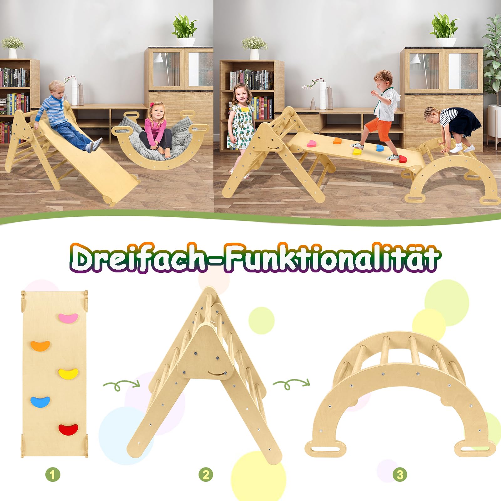 Aufun Klettergerüst Indoor Sprossenwand 3 in 1, Holz Kleinkind Klettergerüst Set, Kinder Pickler Dreieck, Baby Rutsche & Klettergerüste Indoor Spielgeräte für Kleinkinder ab 2-8 Jahr, ELC1072B