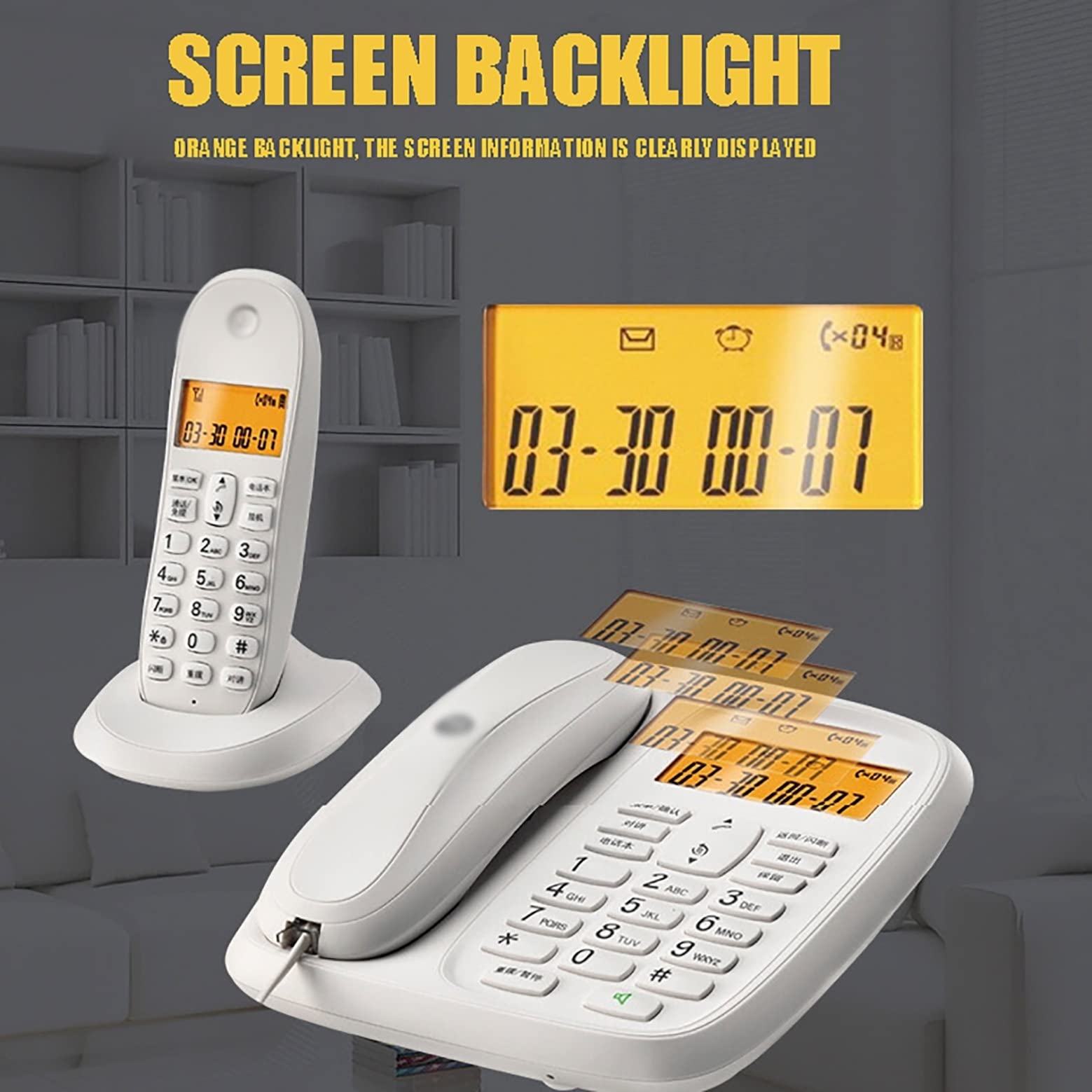 telefon bezprzewodowy + stacjonarny telefon stacjonarny, z blokadą połączeń irytujących, wyświetlacz z białym tłem, menu w języku angielskim, rozmowy w trybie głośnomówią(Czarny 3)