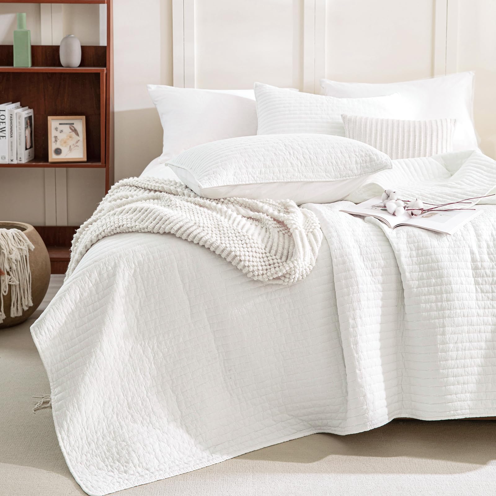 Sanracie Stonewashed Oversized King Bedspread(128"x120"), Cotton Milk White Extra Large Wide Oversized Quilt Coverlet Cross Stitch Soft Lightweight 3Pcs Crinkle Bed Coverlet Set