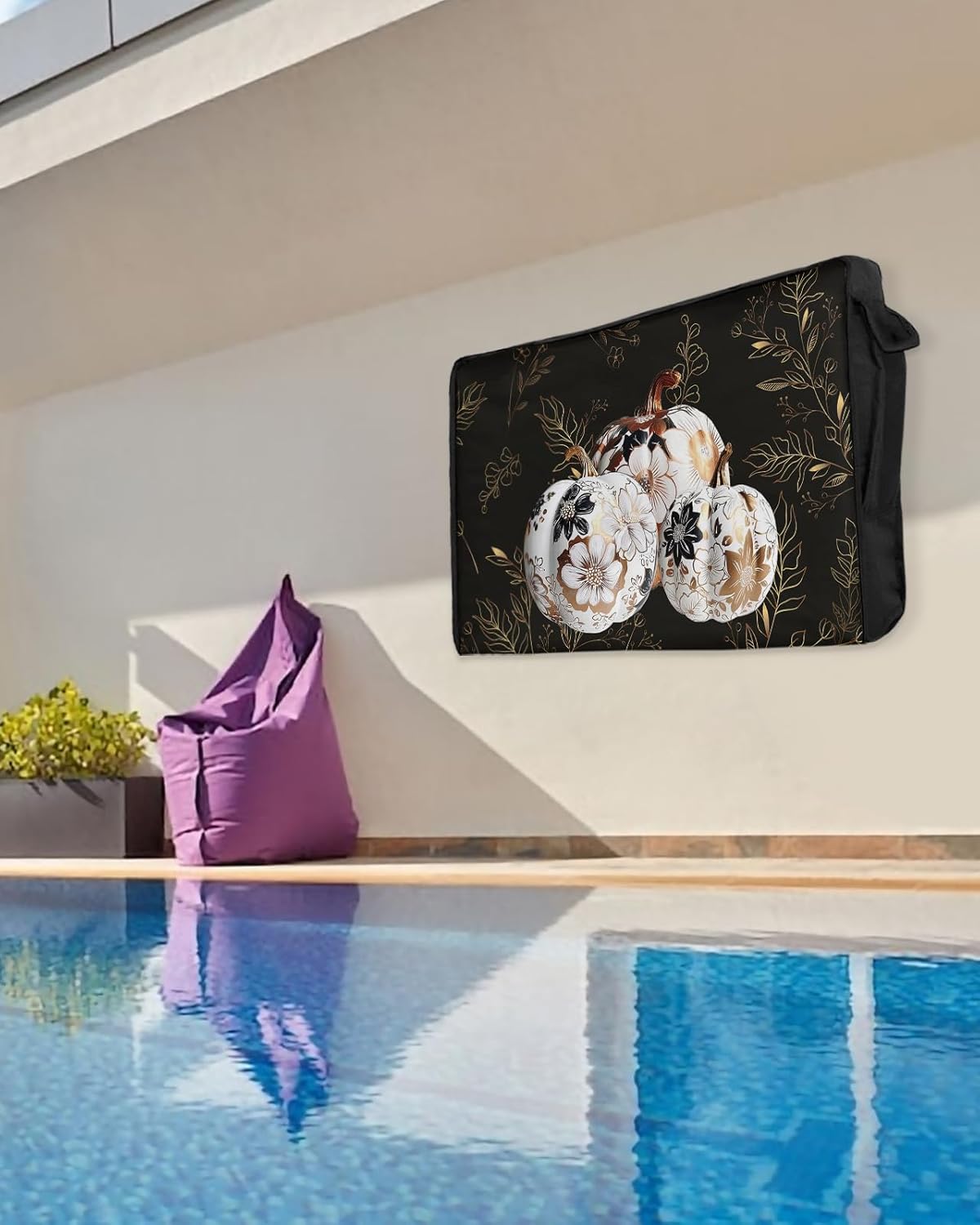 Outdoor TV Cover - Thanksgiving Printed Oil Pumpkin with Leaves Black Waterproof and Weatherproof 80"-85" LCD Movable Shield TV Display Screen Protector Outside Television Covers