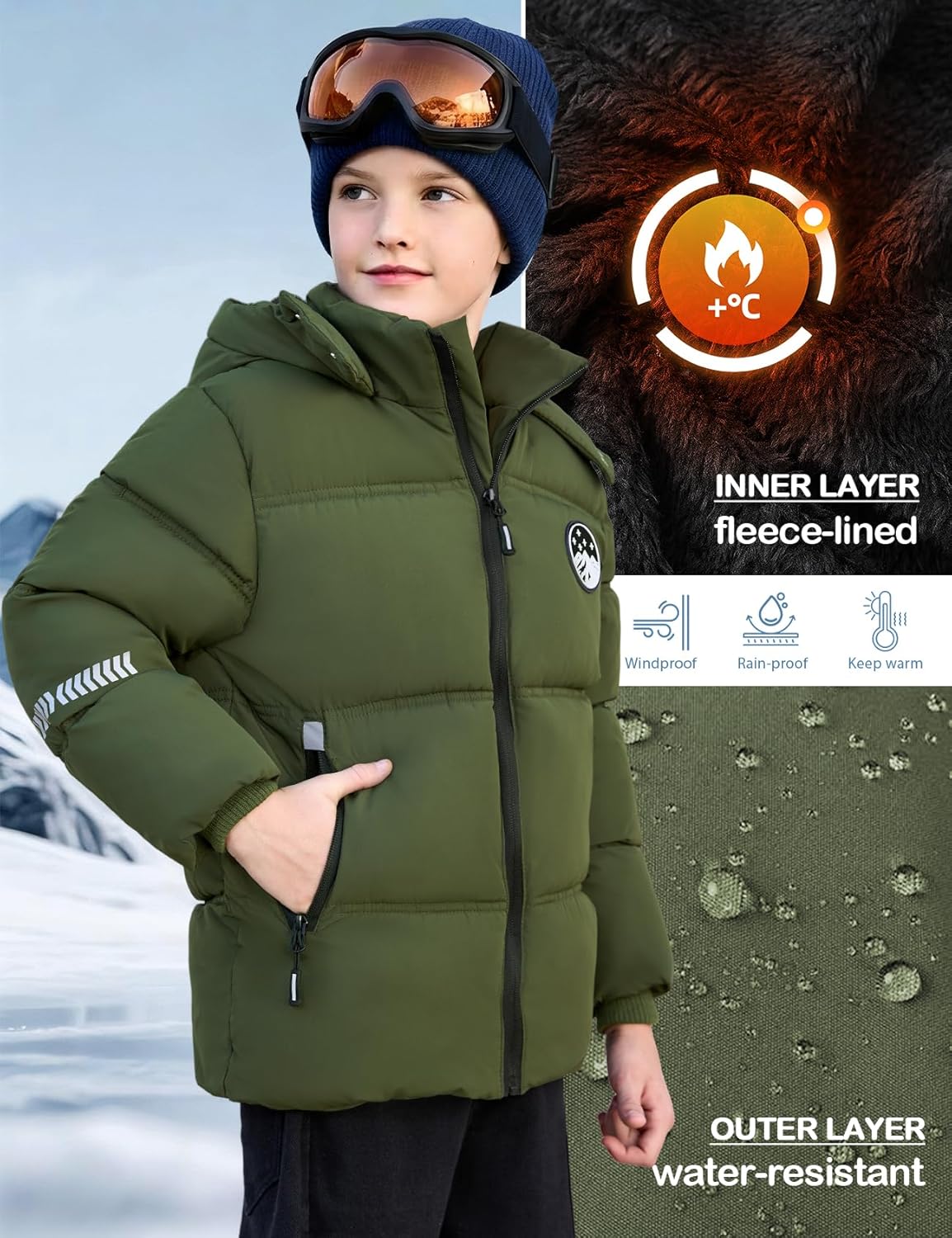 Gihuo Boys Puffer jacket Fleece Lined Winter Coat for Kids Waterproof Hooded Coats - Image 4