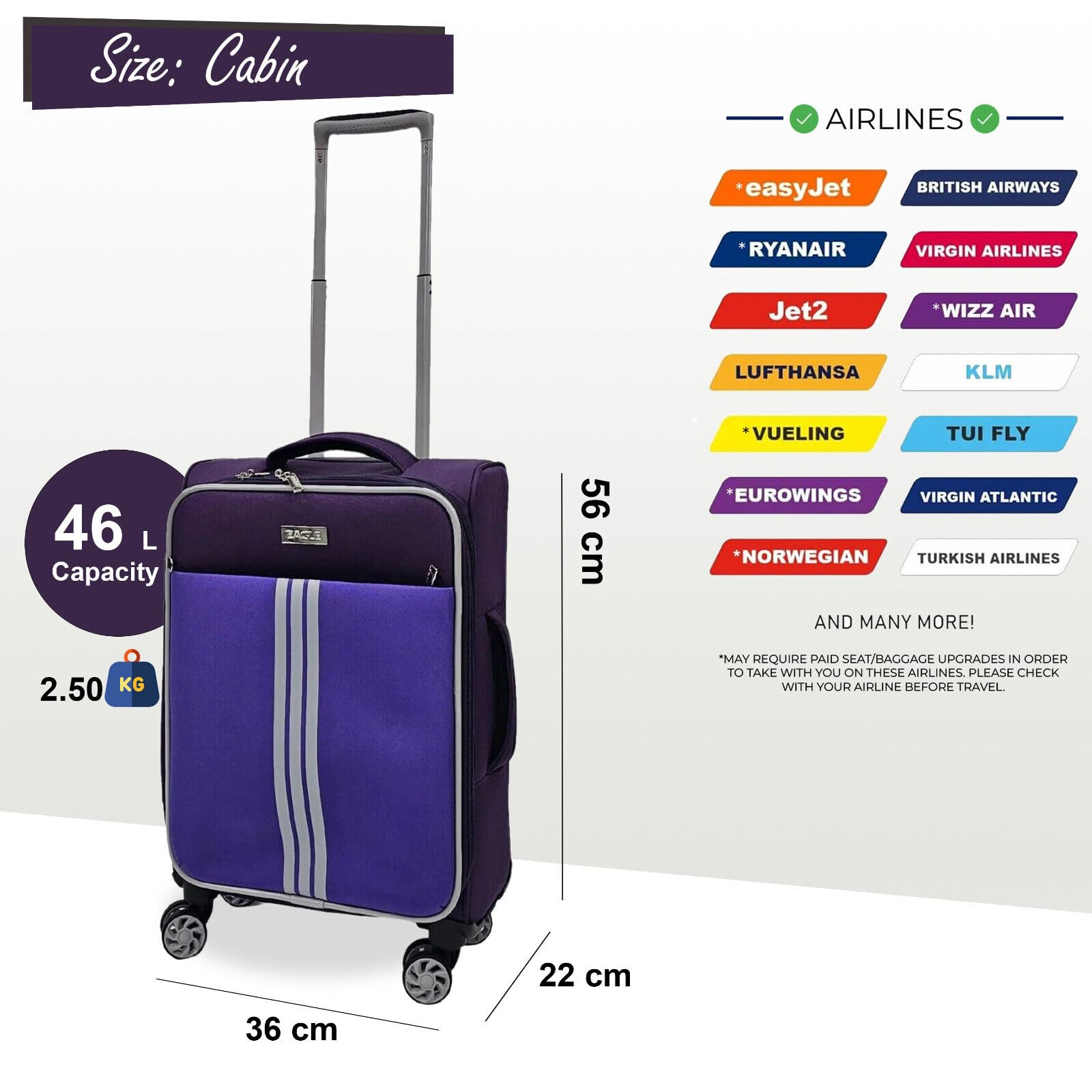 Infinity Leather Lekkie walizki kabinowe 4 koła bagaż torba podróżna, Fioletowy, Cabin 19"