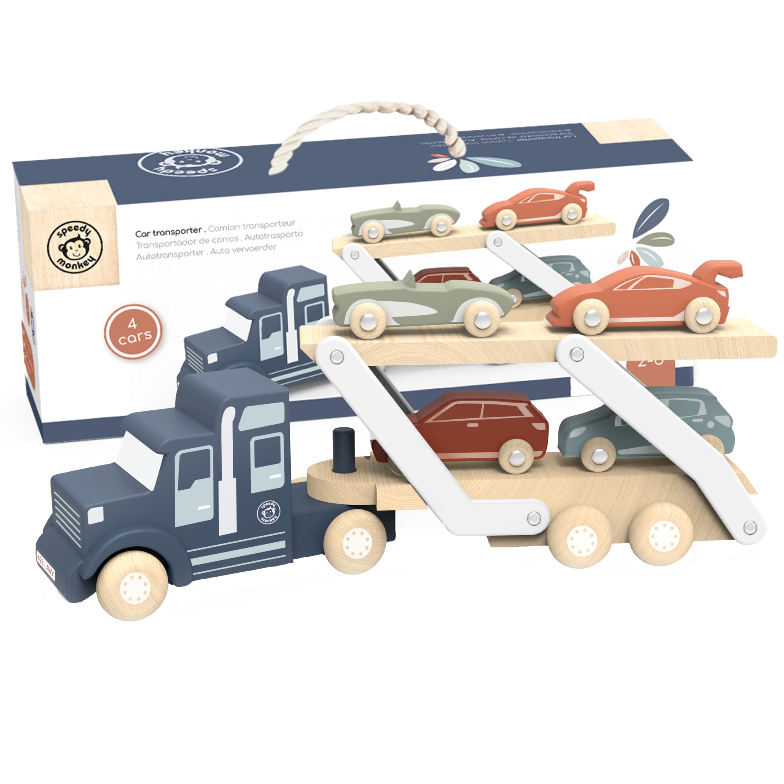 Speedy Monkey Wooden Car Transporter - Double-Deck Trailer with 4 Colourful Cars - Great Toys for 2 Year Old Girls, for 3 Year Old Boys & for 4 Year Old Boy - Develops Fine Motor Skills