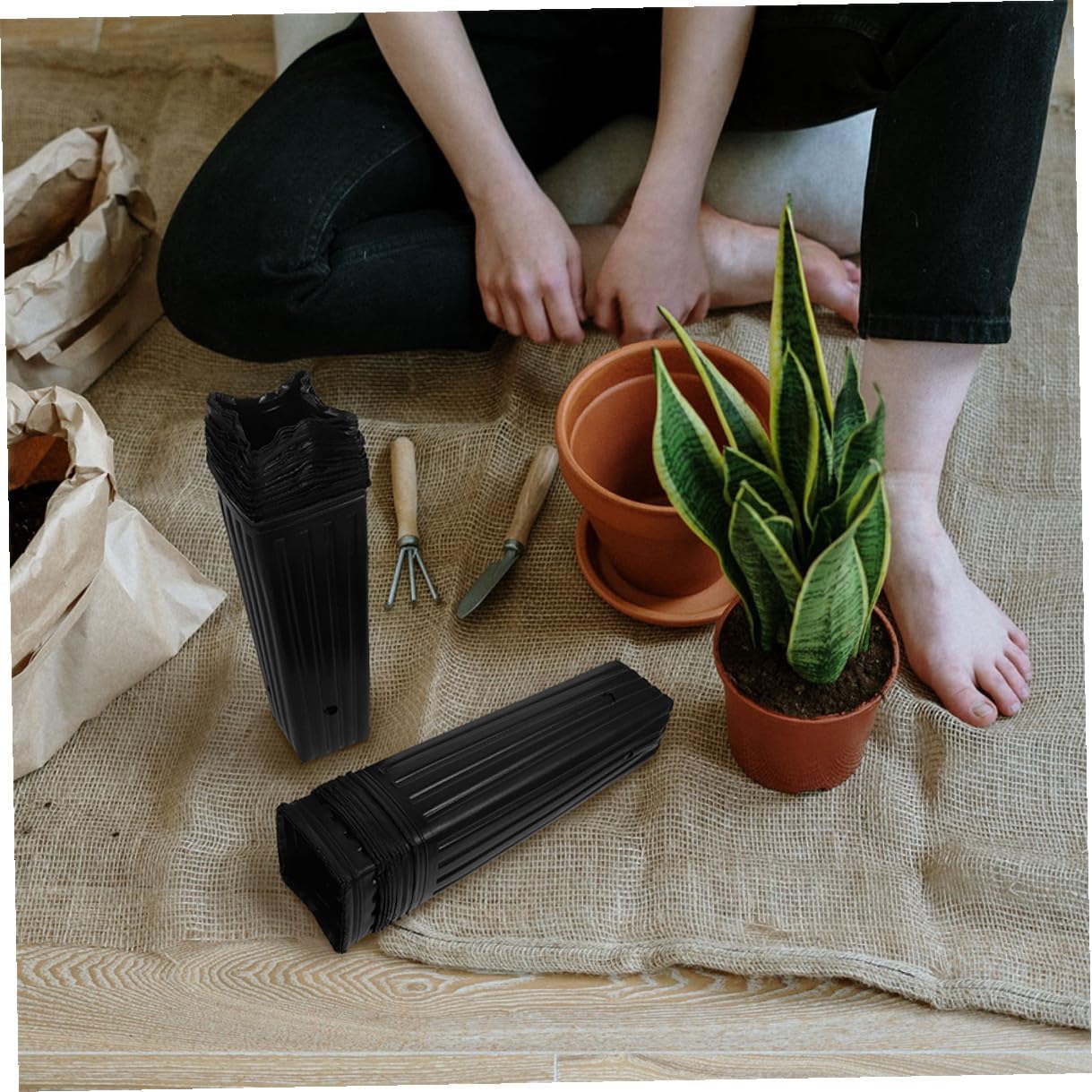 50pcs Thickened Black Plastic Nursery Pots for Seedlings, Slender Grow Bags 9x29cm, Sturdy Orange Planter Bags for Garden and Orchard Use