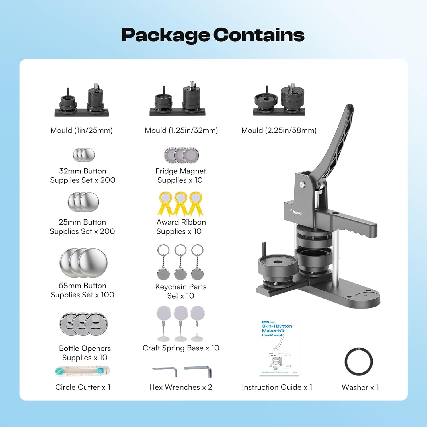 Caydo Button Maker Machine Multiple Sizes, 1+1.25+2.25 Inch Pin Maker Machine Kit, 3 in 1 Button Press Machine Making Kit with Maker Supplies for Fridge Magnet Keychain Bottle Opener DIY Crafts