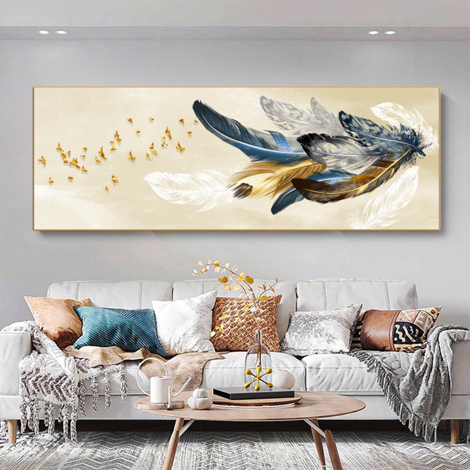 Toile abstraite moderne grand format 40x120 cm tableau papillon plumes dorées - 6
