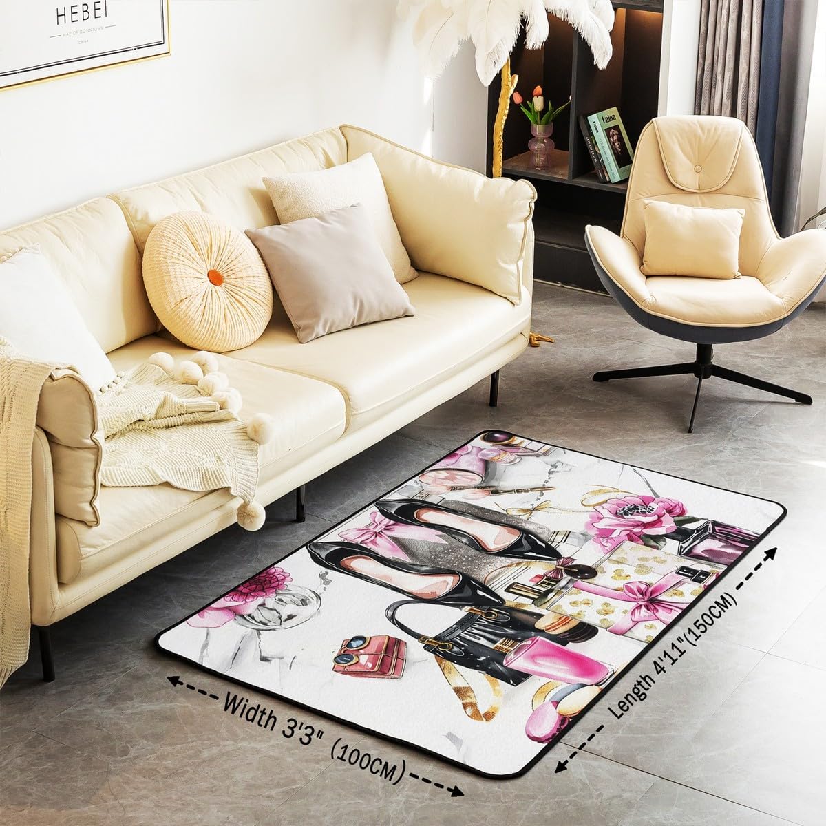 Erosebridal Pink Area Rug 4'11" x 3'3" Cute Flower Girly Carpet Bow Coquette Sweet Decorative Washable Rug Modern Magazine Silver High Heel Girls Women Indoor Floor Mat Preppy Makeup Romantic Decor