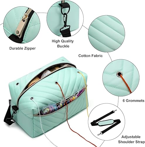 Vista 46 de Mochila para tejer, bolsa de ganchillo, organizador de hilo con puerto de carga USB, regalos de Navidad, bolsa de almacenamiento de punto de viaje