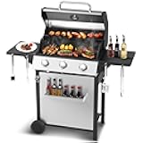 3-Burner Propane Gas Grill with 30,000 BTU Output - Double-layer Stainless Steel Grill Lid, Cast Iron Cooking Grids, Easy-Clean Grease Management & Even Heat Distribution for Perfect BBQs