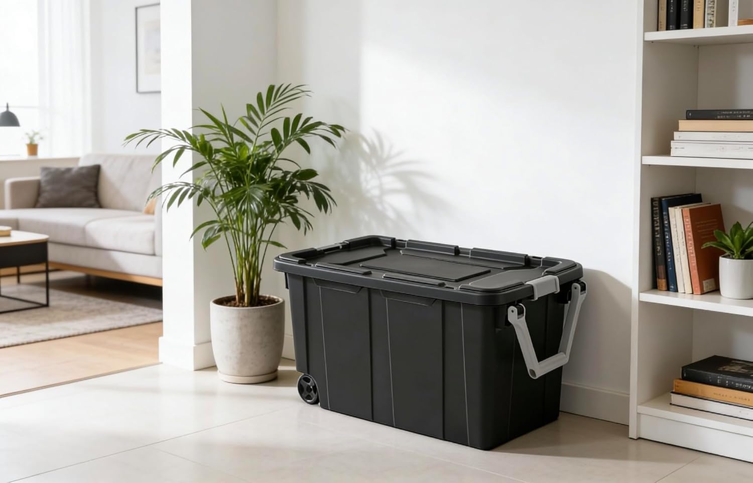 40-gallon plastic storage boxes with snap-on lids and handles, dark gray, 2-pack
