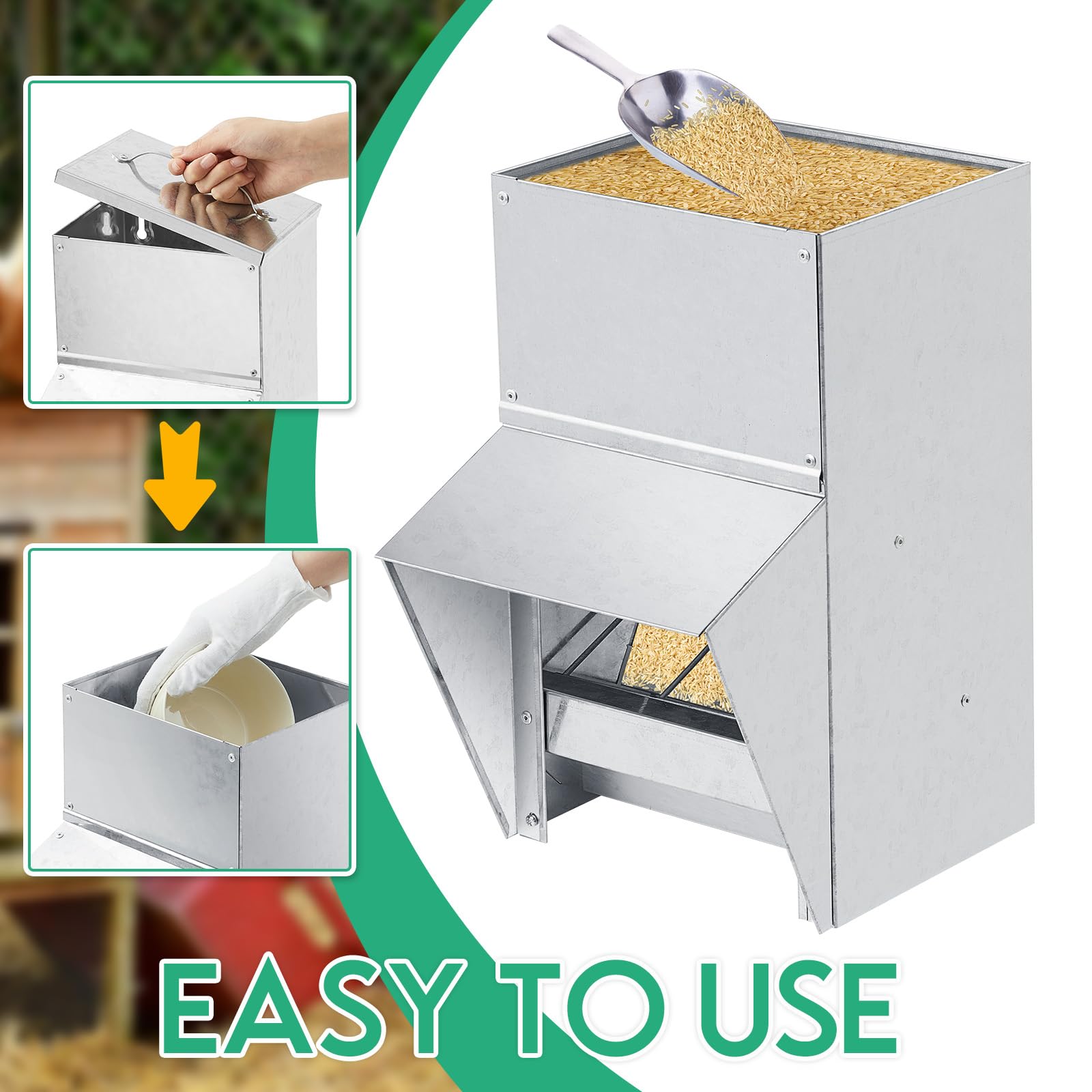 Uiifan 2 comederos galvanizados para pollos resistentes a la intemperie, dispensador de alimentos para aves de corral con tapa, dispensador de alimentos para pollo, alimentador de patos, comedero de