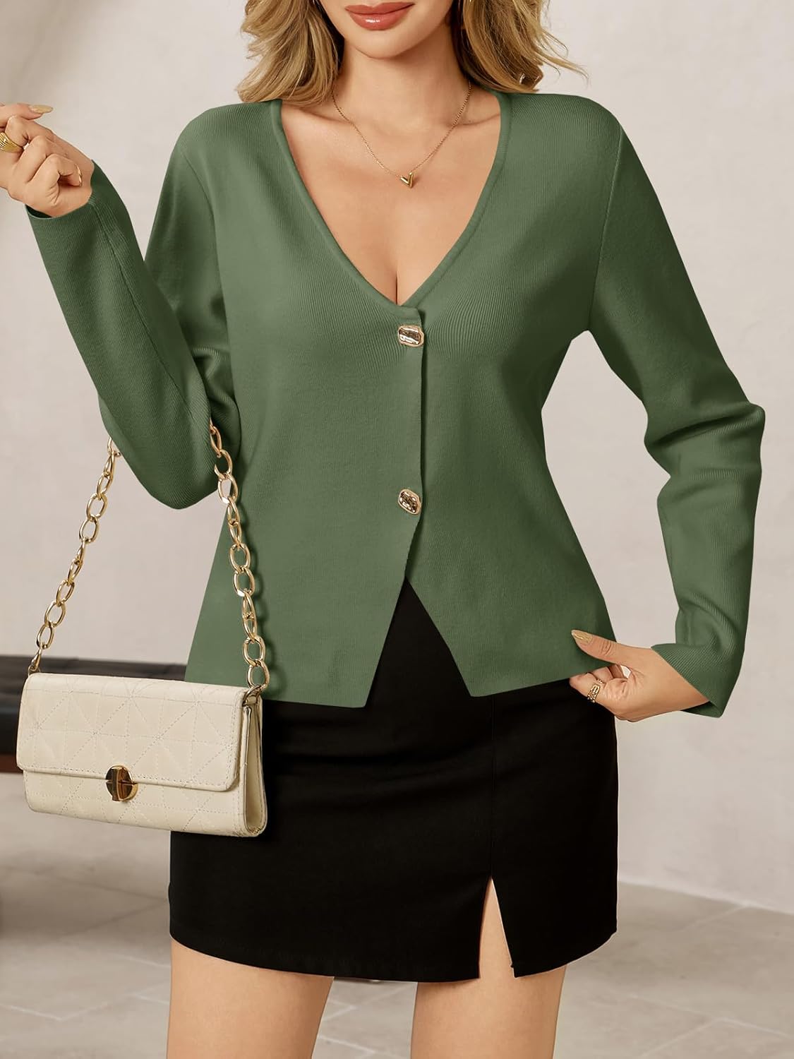 Saodimallsu Womens V Neck Cardigans Long Sleeve Button Down Cropped Knit Trendy Front Slit Dressy Casual Fall Sweater Blazers - Image 2