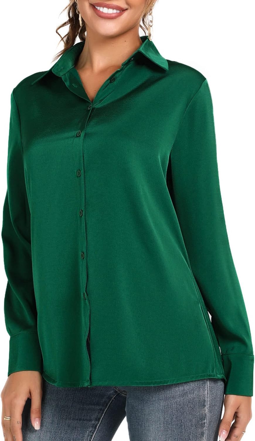 LUSMAY Women's Silky Satin Blouses Elegant Long Sleeve Button Down Collared Office Work Shirts Tops - Image 3