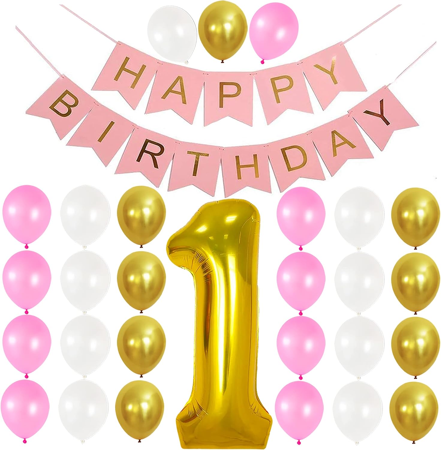 Pink and Gold First Birthday Decorations - 40 Inch | Happy Birthday Sign for Pink Birthday Decorations | 1st Birthday Decoration for Girls and Boy | Gold One Balloon for First Birthday Decorations
