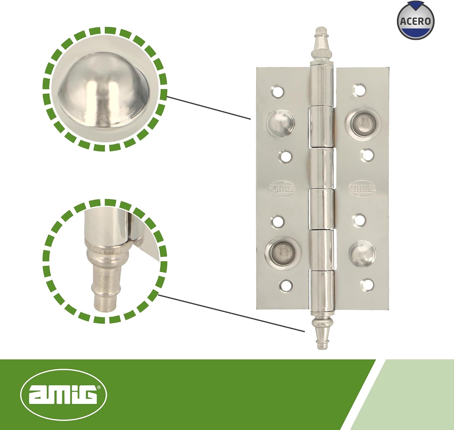 Amig - Safety Hinge | 150 x 82 x 3mm | Square Edges | Decorative Finish | Fixed Entry Doors | Shiny Silver Steel