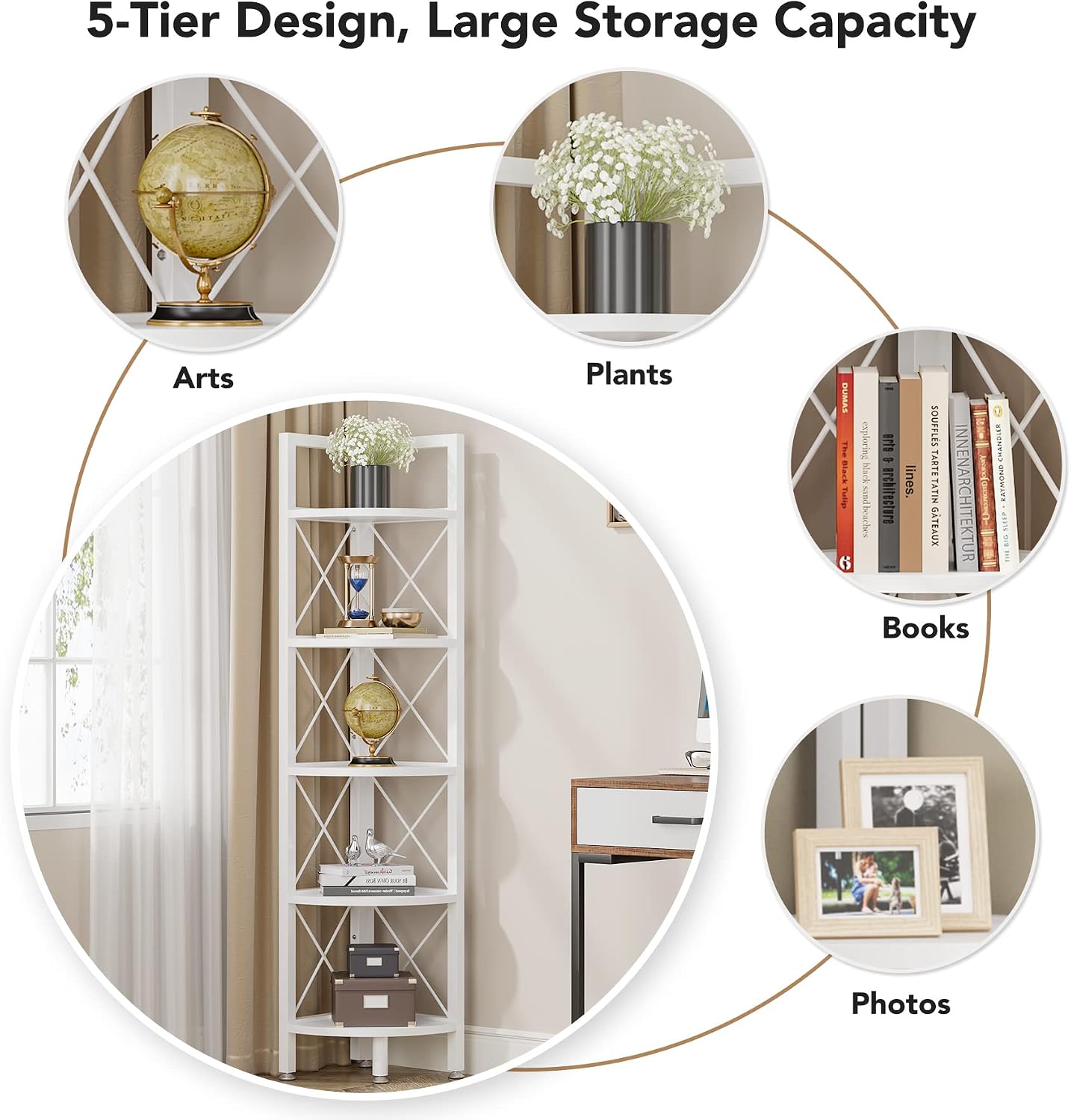Tribesigns 5 Tier Corner Shelf, Modern Corner Bookshelf Small Bookcase Corner Storage Rack Plant Stand for Living Room, Home Office, Kitchen, Small Space (White)