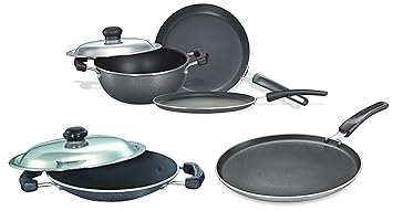 Prestige Kitchen Set, 3-Pieces, Black/Silver, Aluminium&Prestige Appachetty with Lid, 20 cm, Black&Prestige Aluminium Omega Select Plus IB Non-Stick Omni Tawa, 25 cm, Multicolour, Medium