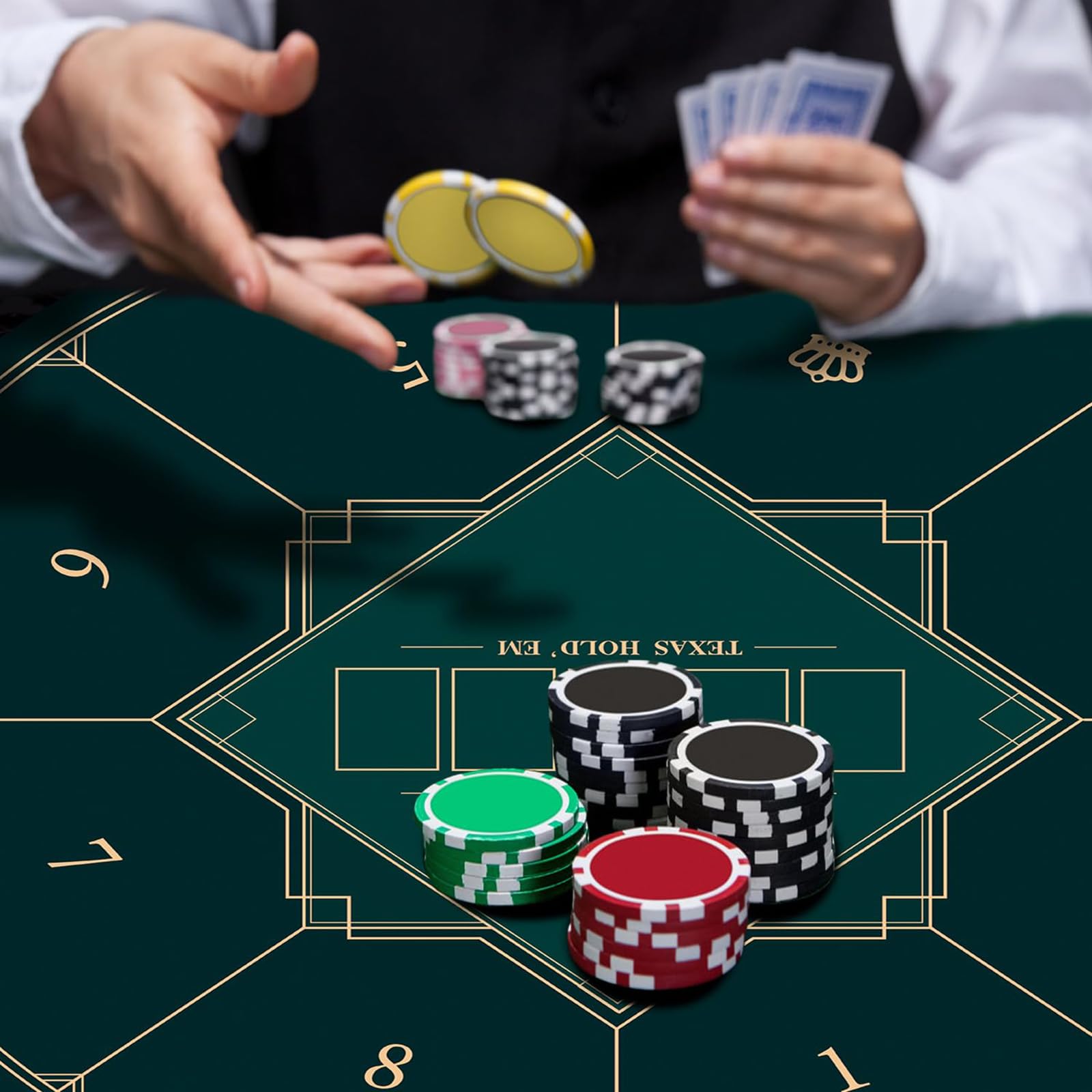 mata do gry w karty, Przenośna okrągła mata do pokera Texas Holdem, składany blat dla 8 graczy z matą nadrukiem w stylu Art Deco(Green,L)