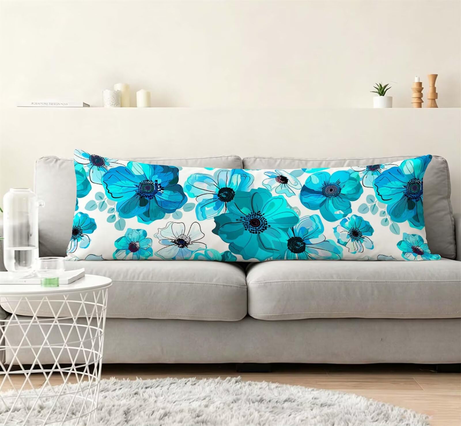 Fodera Cuscino 55 x 160 cm, Blu-11 Velluto Copricuscini Letto, | con Invisibile Cerniera, Morbida e Traspirante, per biancheria da letto, divano, hotel, chi dorme sul fianco Fiore-2 j-333