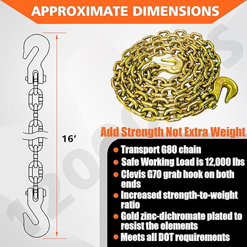 Miniatura 86 de G80 - Cadena de transporte de 3/8 pulgadas x 25 pies de seguridad/carpeta con ganchos de agarre de horquilla 7,100 libras, cadena de registro