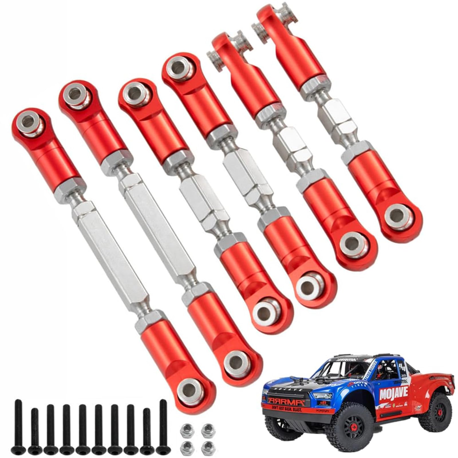 Aluminum Adjustable Turnbuckles Linkage Set & Tie Rods for Arrma 1/8 Mojave 4S 4X4 BLX RC Car Upgrades Parts(Red)