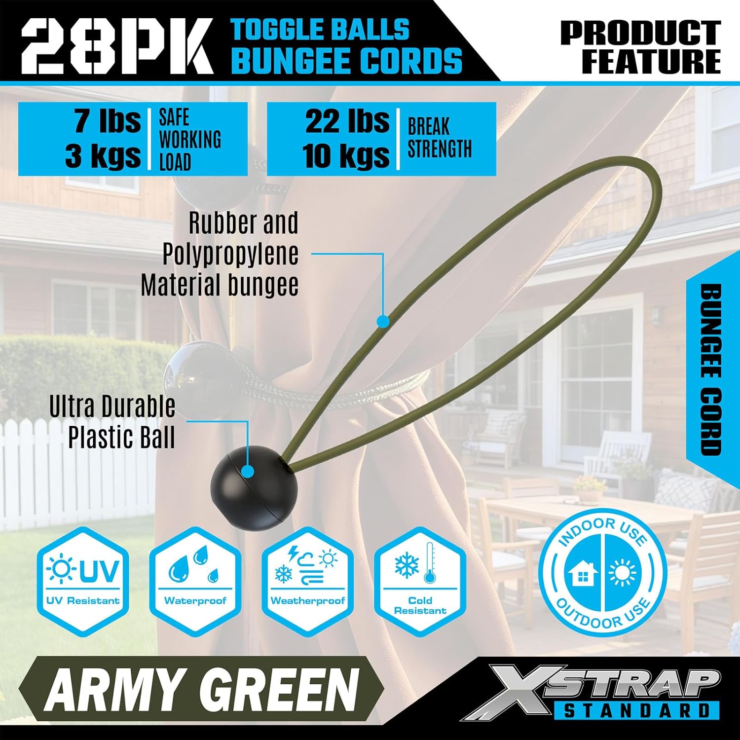XSTRAP STANDARD 28 Pack Heavy Duty 9 Inch Ball Bungee Cords, Tarp Tie Down Bungee Balls for Canopy, Tent, Cargo, Wires & Hoses in Army Green