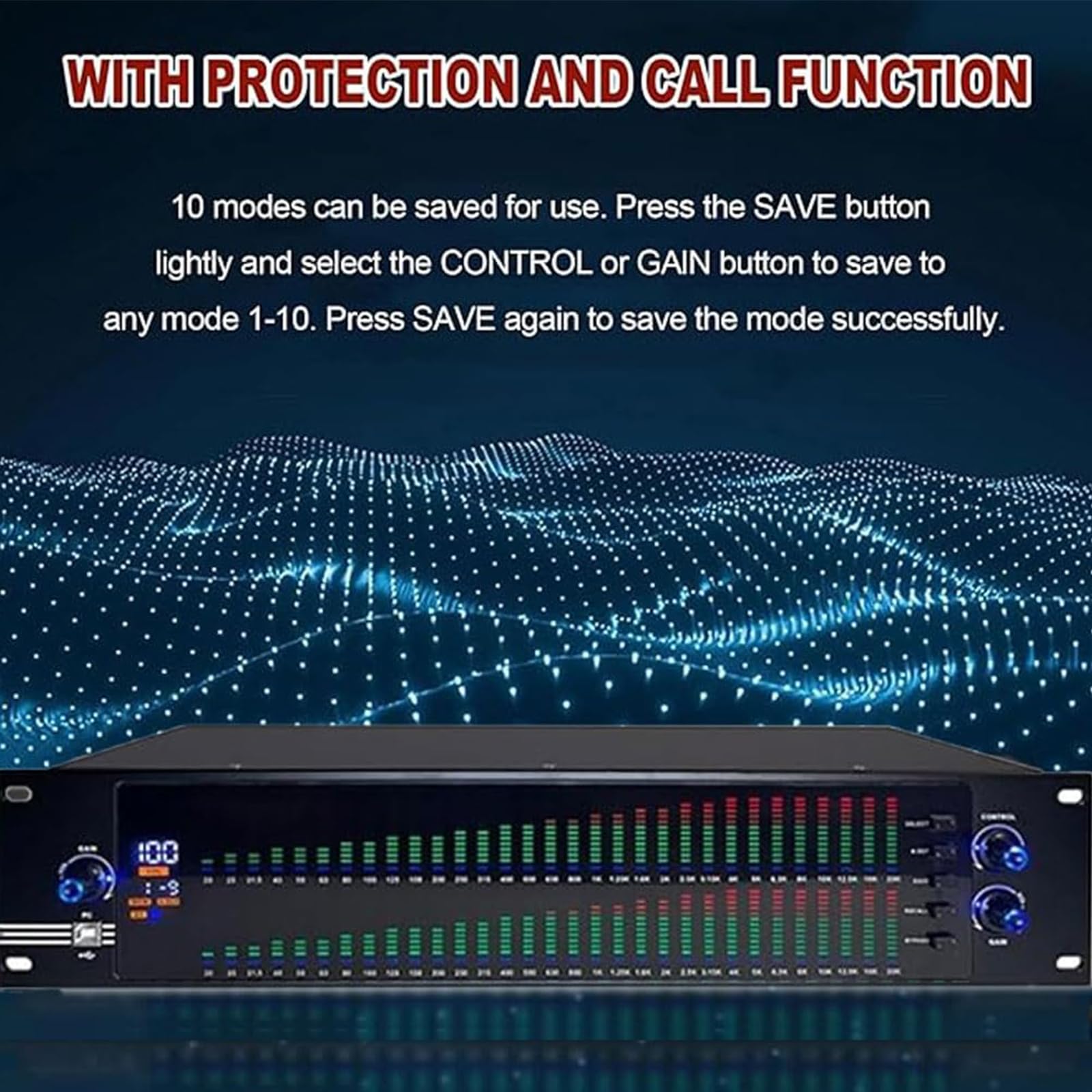 Ecualizador gráfico digital de 31 bandas: ecualizador de audio estéreo con pantalla de espectro LED, chip de procesamiento DSP, reducción de ruido y 10 efectos preestablecidos para estudio de