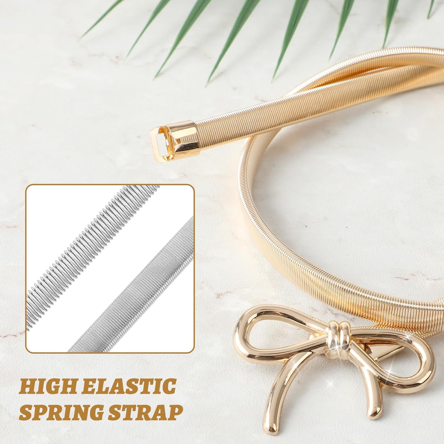 Skinny Metal Waist Belt for Women, Stretchy Belt Elastic Waistband Adjustable Chain Belt with Bowknot for Dress - Image 4