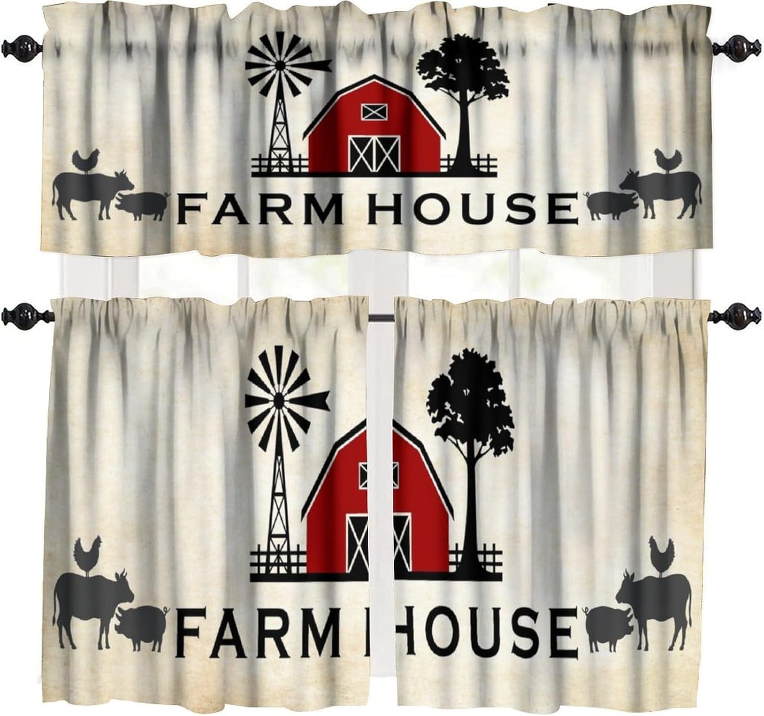 Rustic Kitchen Window Valance Curtains Vintage Farmhouse Animal Cow Pig Chicken Pattern Short Curtain for Kitchen Living Room Bathroom Windows W54xL18in + W27xL24in x2 (3 Piece)