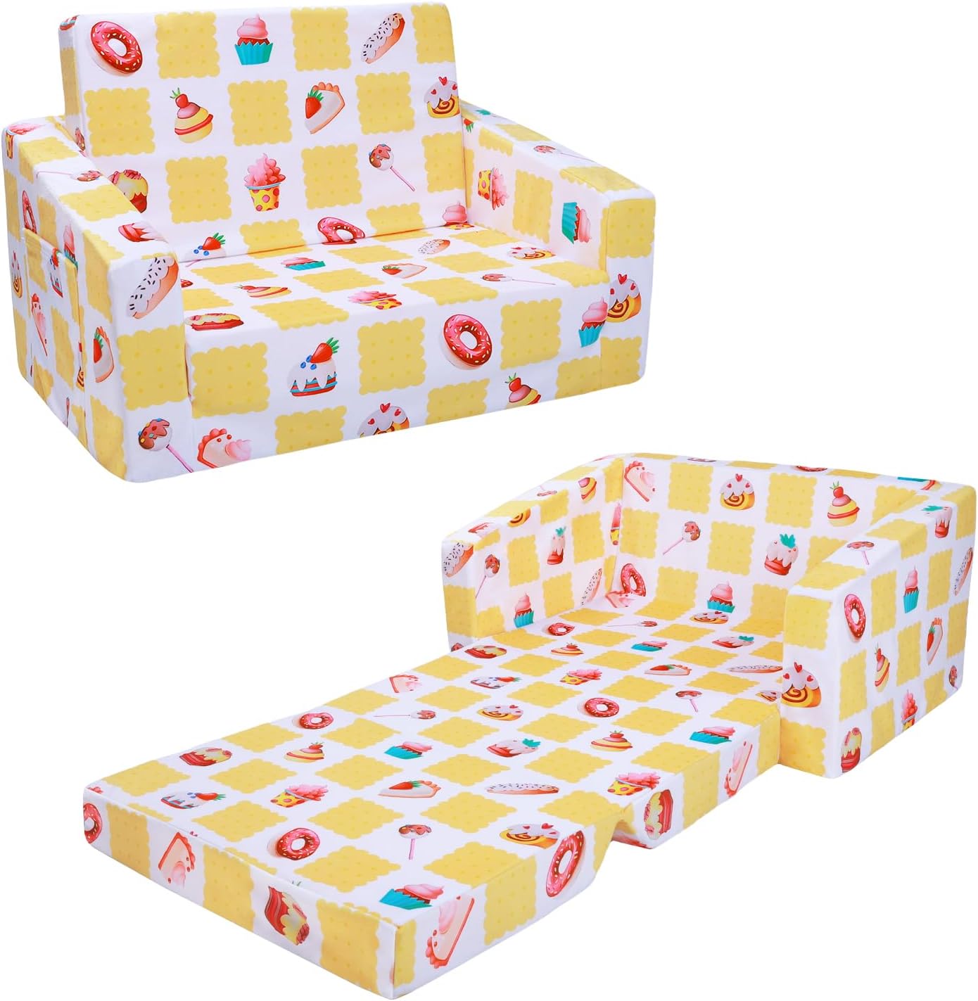 Foldable Kids Sofa Chair, 2 in 1 Flip Open, Soft Toddler Couch with Pocket, Children's Sofa for Bedroom Nursery, Gift for Girls - Cookie