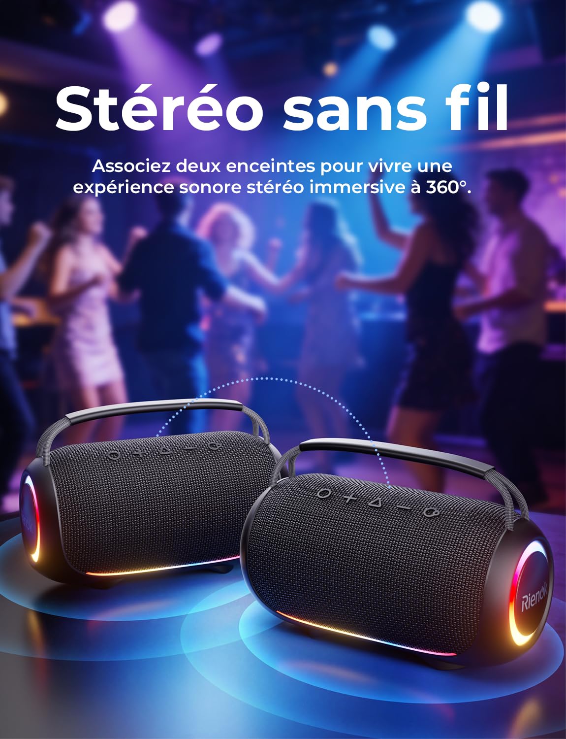 RIENOK Enceinte Bluetooth, 80W Enceinte Puissante, Tweeter et Woofer, 6000 mAh, 30H, IPX6, 128Go, Haut Parleur Bluetooth 5.3, Port Clé USB, AUX et TF Carte, pour Fêtes Soirées Voyage Extérieur, Noir