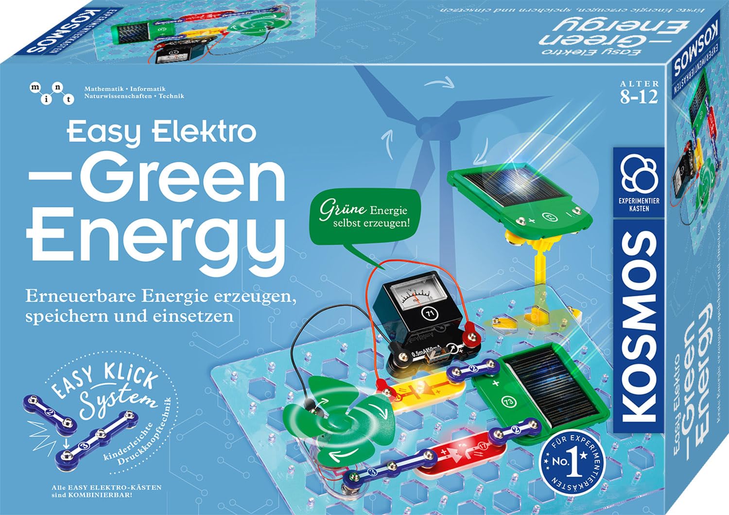 KOSMOS Easy Elektro - Green Energy, Erneuerbare Energie selbst mit Windrad, Solar und Handkurbel erzeugen, speichern und einsetzen, Elektronik Baukasten für Kinder ab 8 Jahre, Amazon Exklusiv, 621407