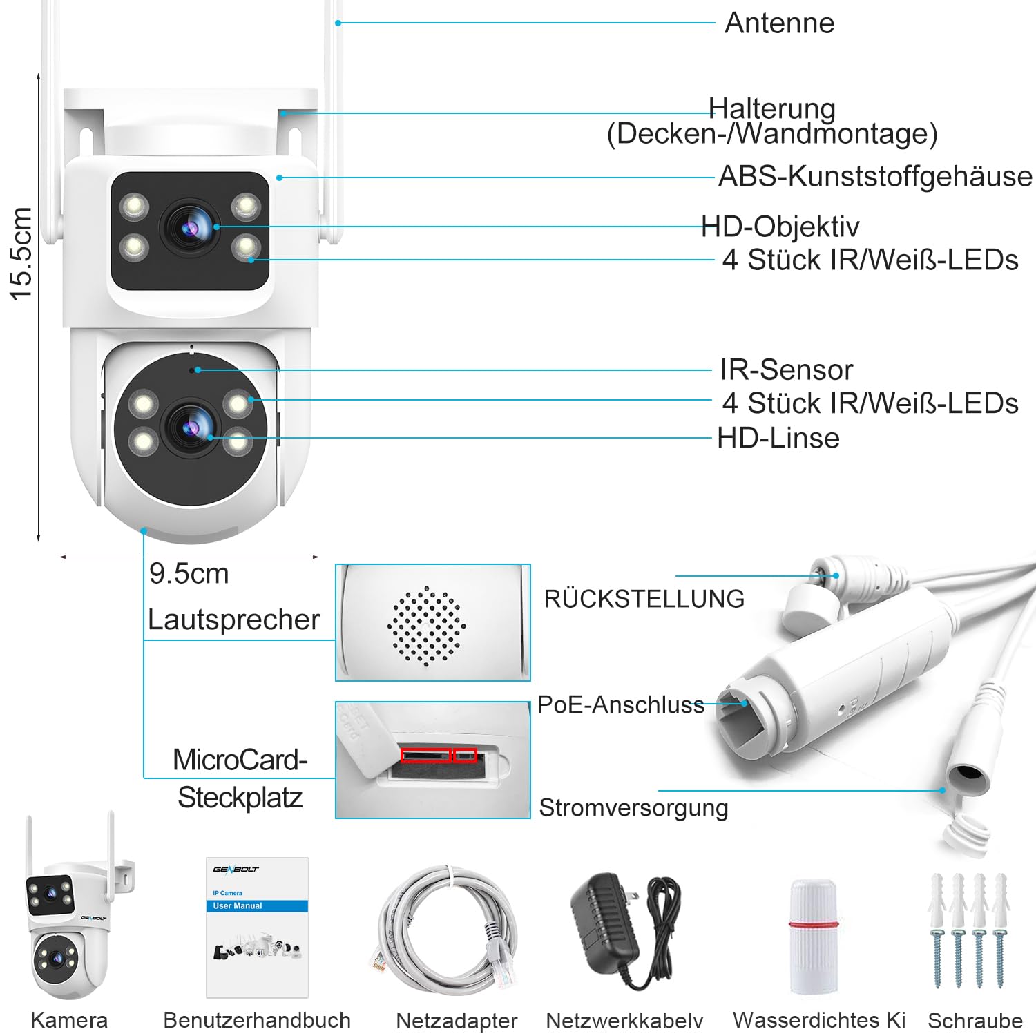 GENBOLT Dual Lens WLAN Überwachungskamera Aussen, PoE Kamera 2.4/5GHz WiFi