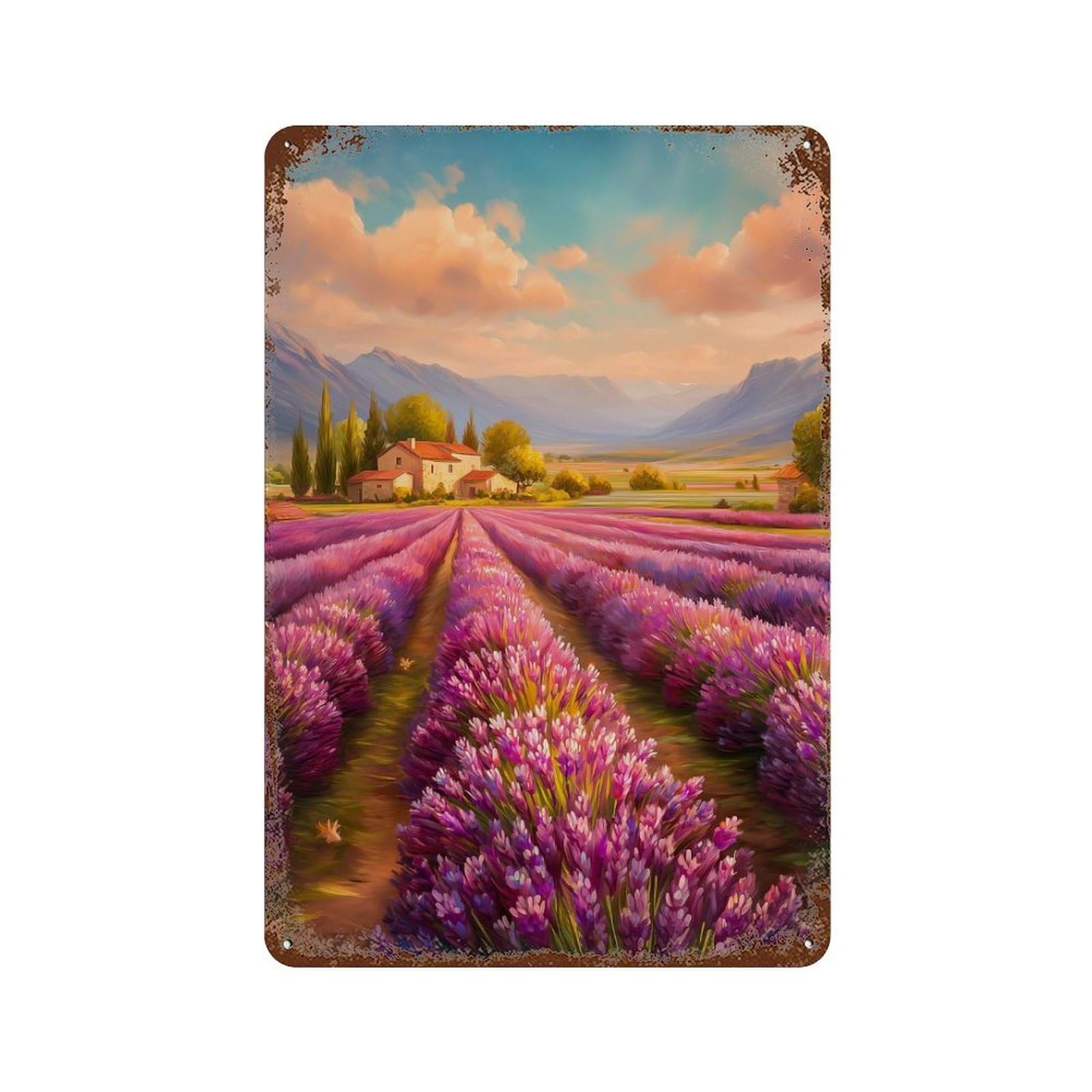 Lavender Field in Provence Landscape Aged Metal Wall Plaque 11.8"x7.9", for Pub, Kitchen And Man Cave Decor, Decorative Metal Wall Art