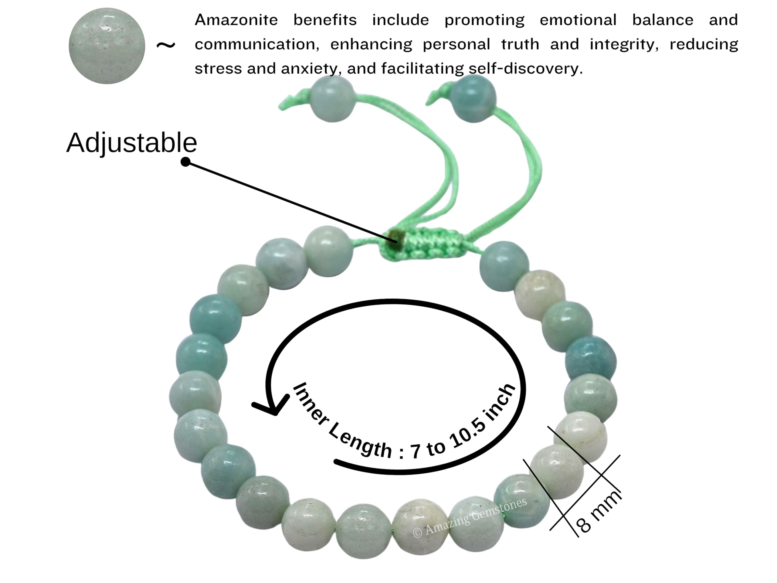 Bracelet en Amazonite – Bracelet en cristal de guérison pour femmes et hommes, pierre précieuse naturelle – Cadeau idéal pour l'équilibre et la guérison des chakras (réglable)