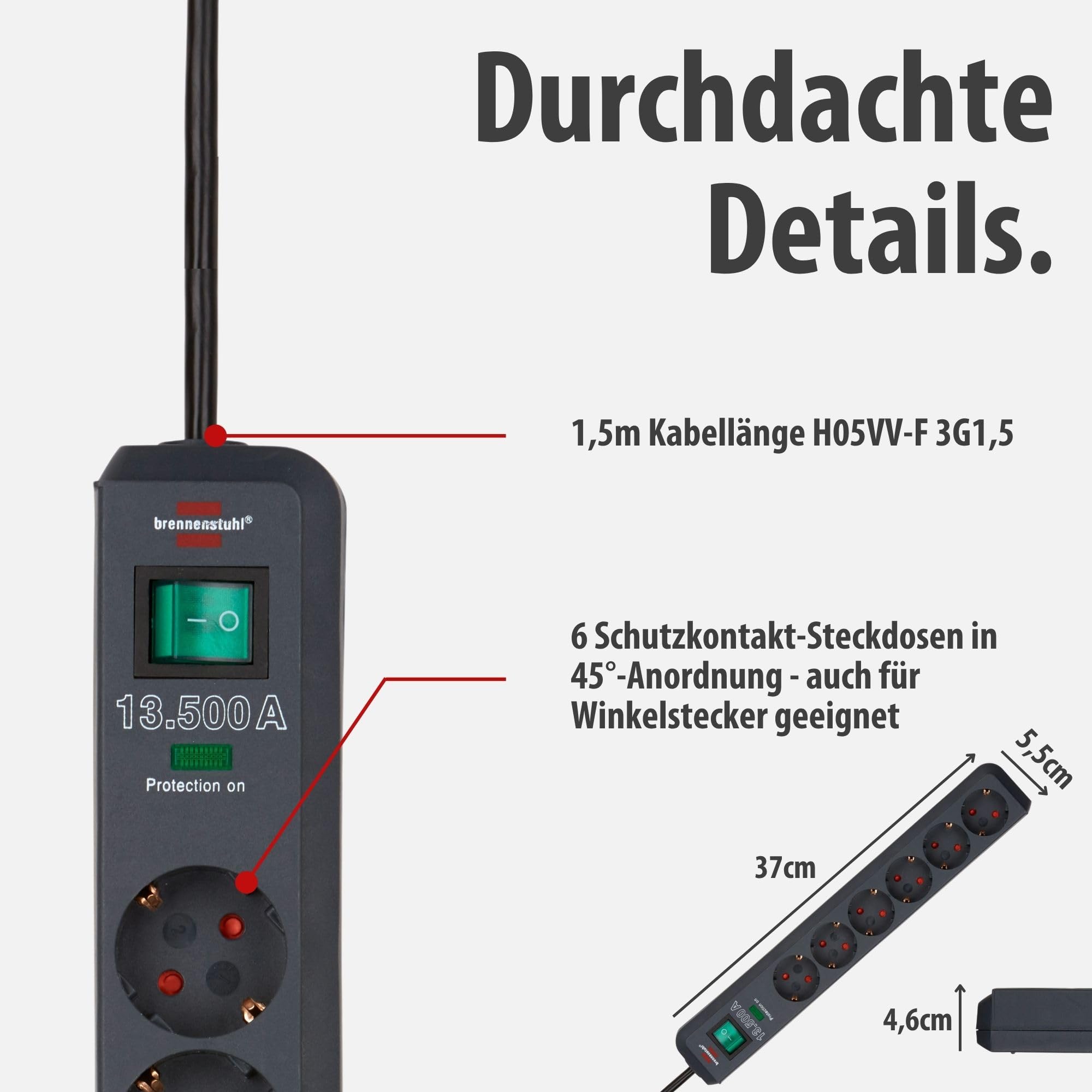 Brennenstuhl 3er Set Eco-Line Steckdosenleiste 6-Fach, 1,5m Kabel | Mit Überspannungsschutz, Mehrfachsteckdose mit erhöhtem Berührungsschutz, Schalter, anthrazit