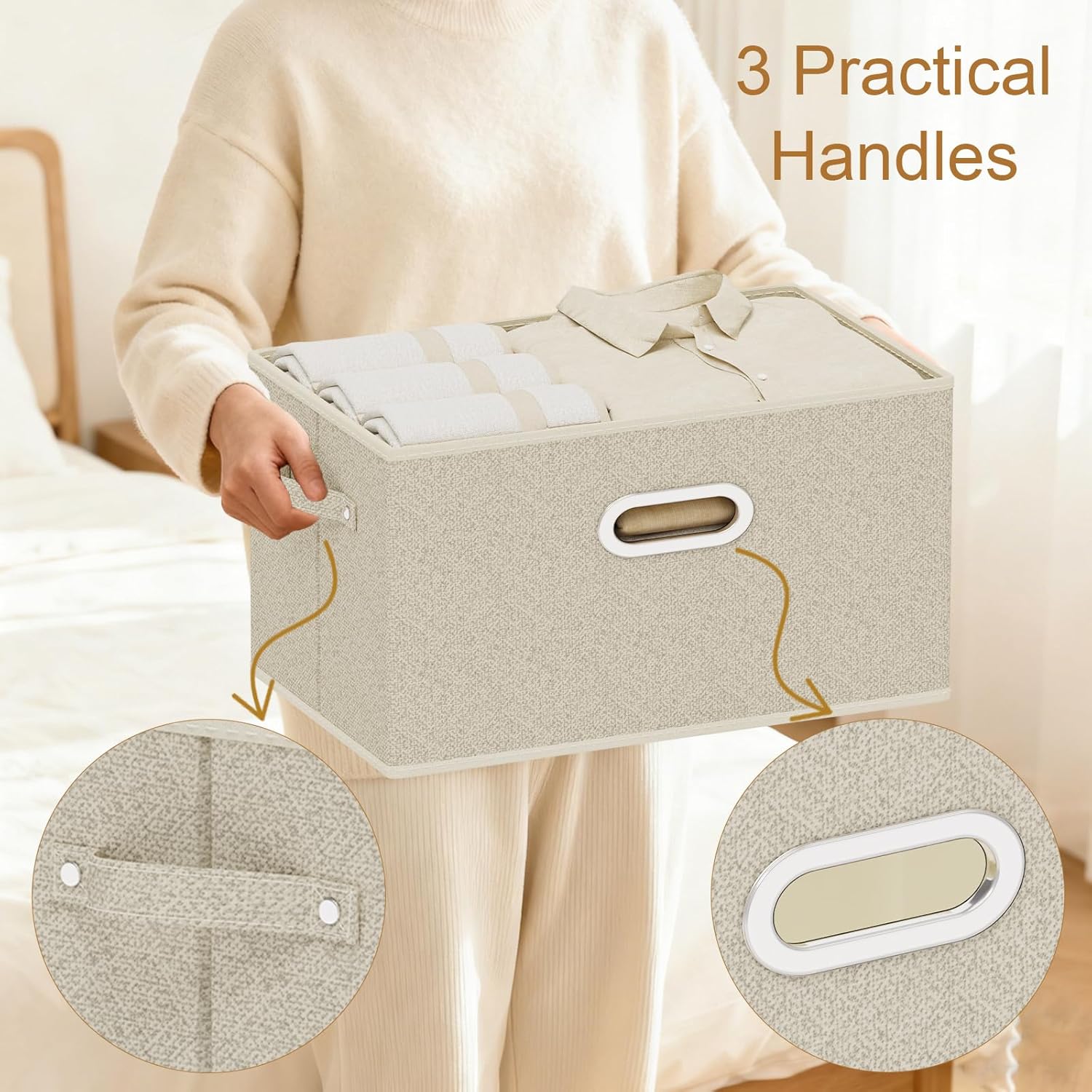Open Storage Baskets, Collapsible Cube Bins, Fabric Container Organizer with Metal Handles, Boxes for Shelves, Closet, Living Room, 13x9.1x7.9in, Grey and Beige, 4 Pack