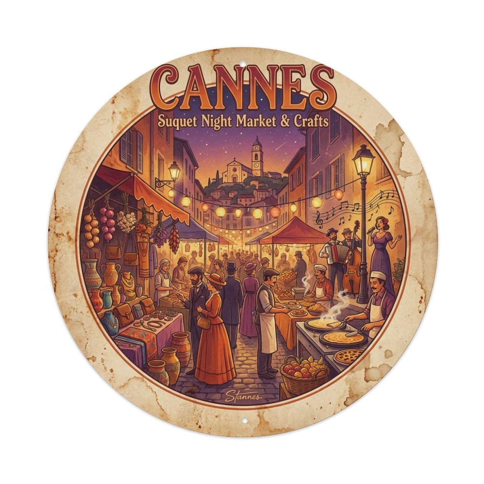 City Travel Sunset Night Market Gala Cannes Riviera Metal Tin Sign