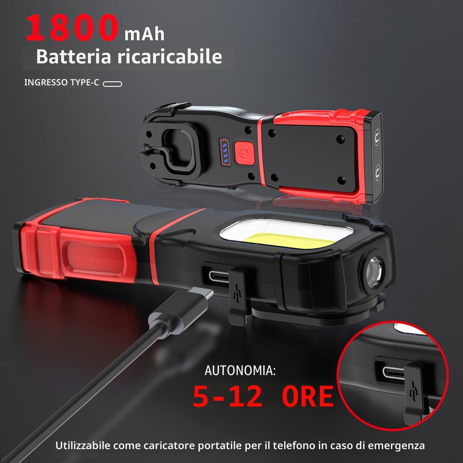 Lampada da lavoro LED rotativa a 360° 3 modalità di illuminazione Lampada da officina LED con piedistallo magnetico e gancio, lampade di ispezione COB per riparazione, garage, campeggio