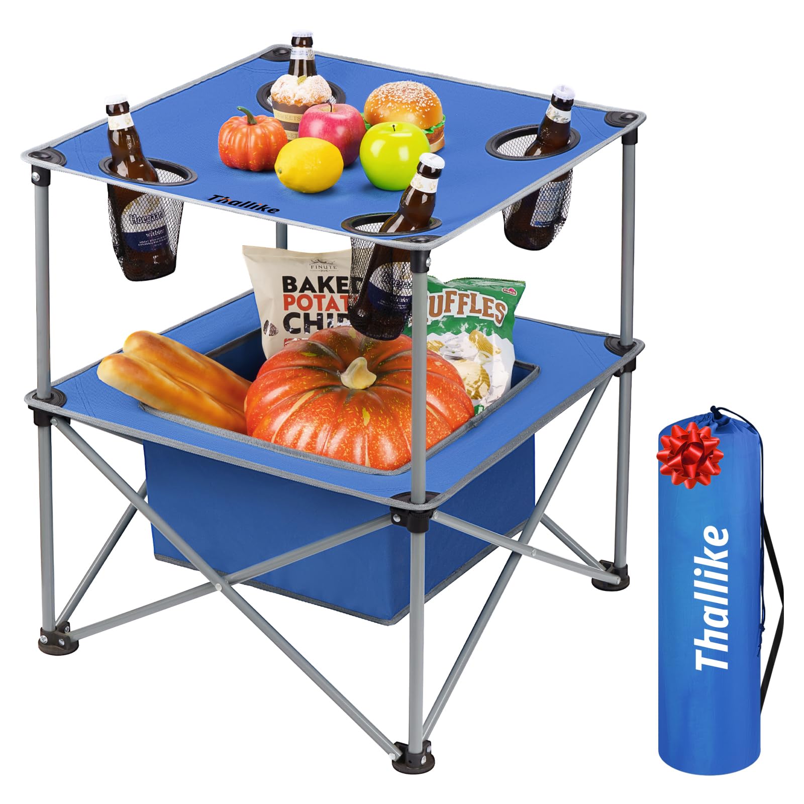 Thallike Portable Folding Camping Table Lightweight Outdoor Picnic Table with 4 Cup Holders & Storage Case Collapsible Tailgating Table for Camping