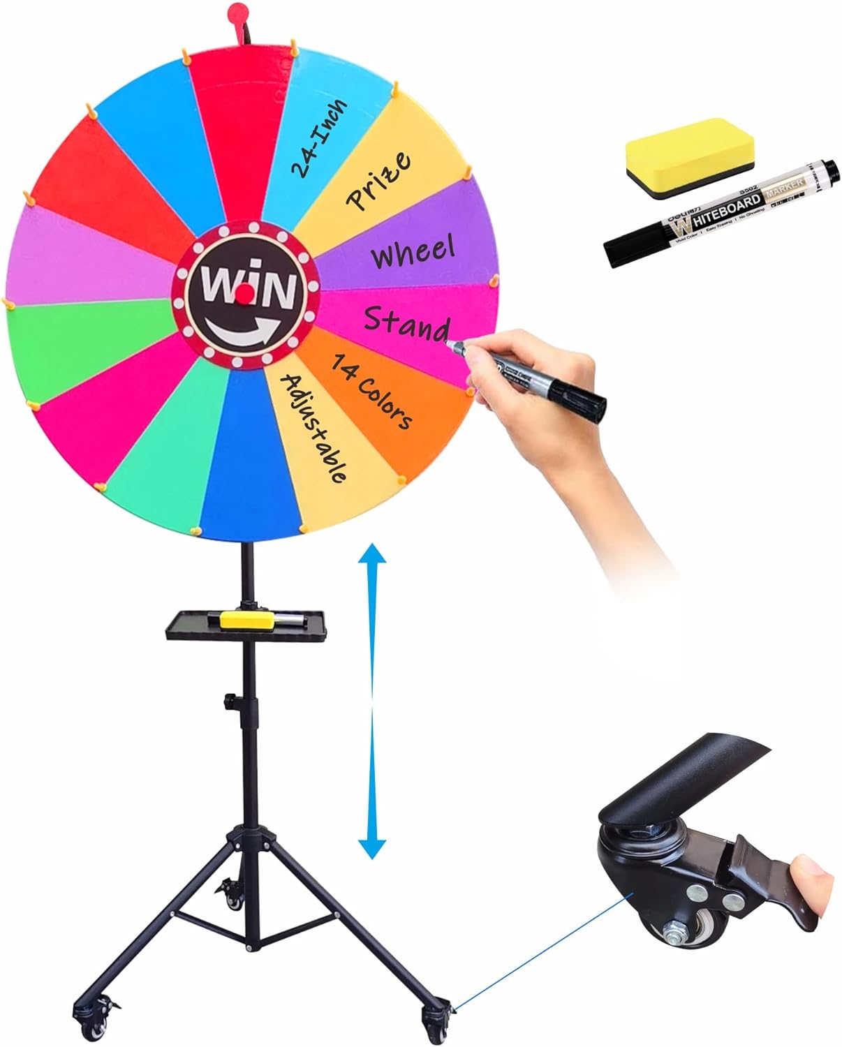 24-inch Spinning Prize Wheel, Adjustable 37"-65" Height Spin Doodle Game Spinner, Storable Prize Wheel Spinner with Tripod Stand, Wheel of Fortune Game, 14 Colors