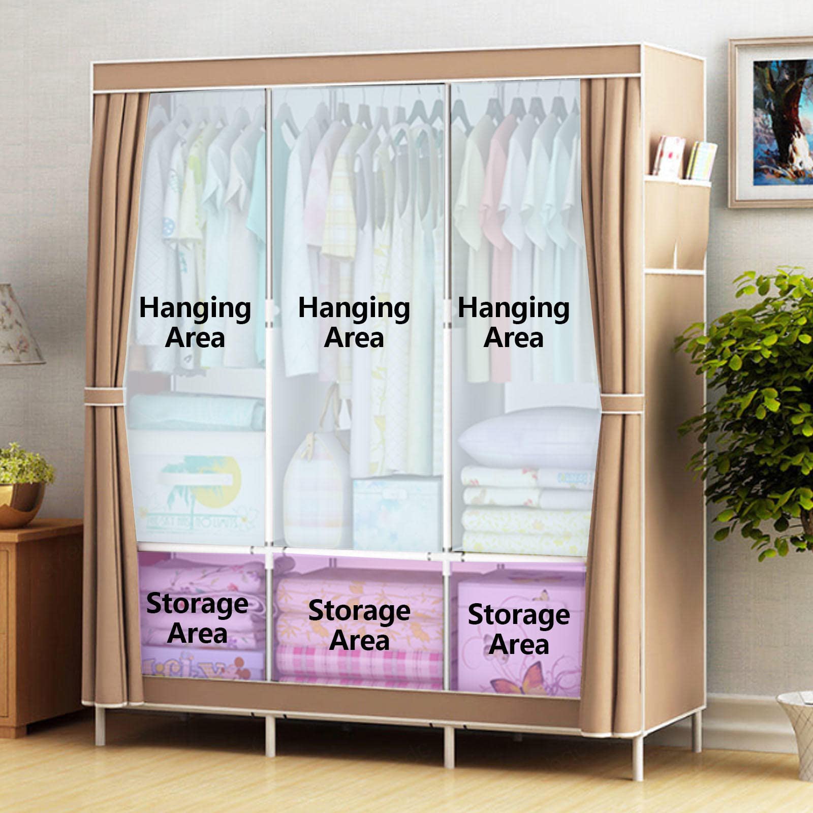 Tragbarer Kleiderschrank aus Segeltuch mit Kleiderstange, Regalen und Seitentaschen, Faltbarer Kleiderschrank aus Stoff für Kleidung und Taschen in Rosa, 125 x 45 x 168 cm