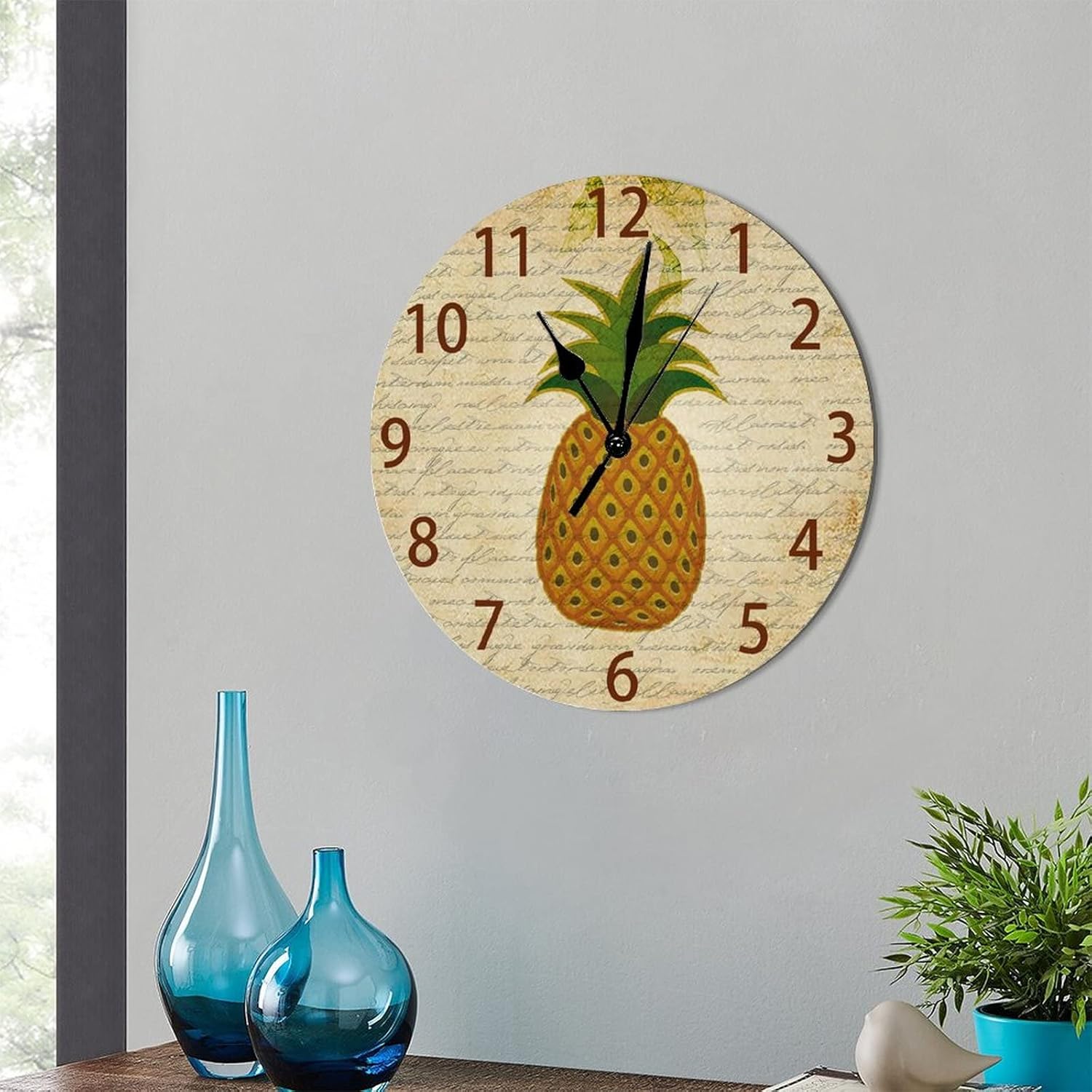 Rustic Pineapple Clock Non Ticking Operated Round Easy to Read Home Office School Silent Clock Round Wooden Fruit Wall Clock for Bathroom Kitchen Bedroom Living Room Patio 15 Inch
