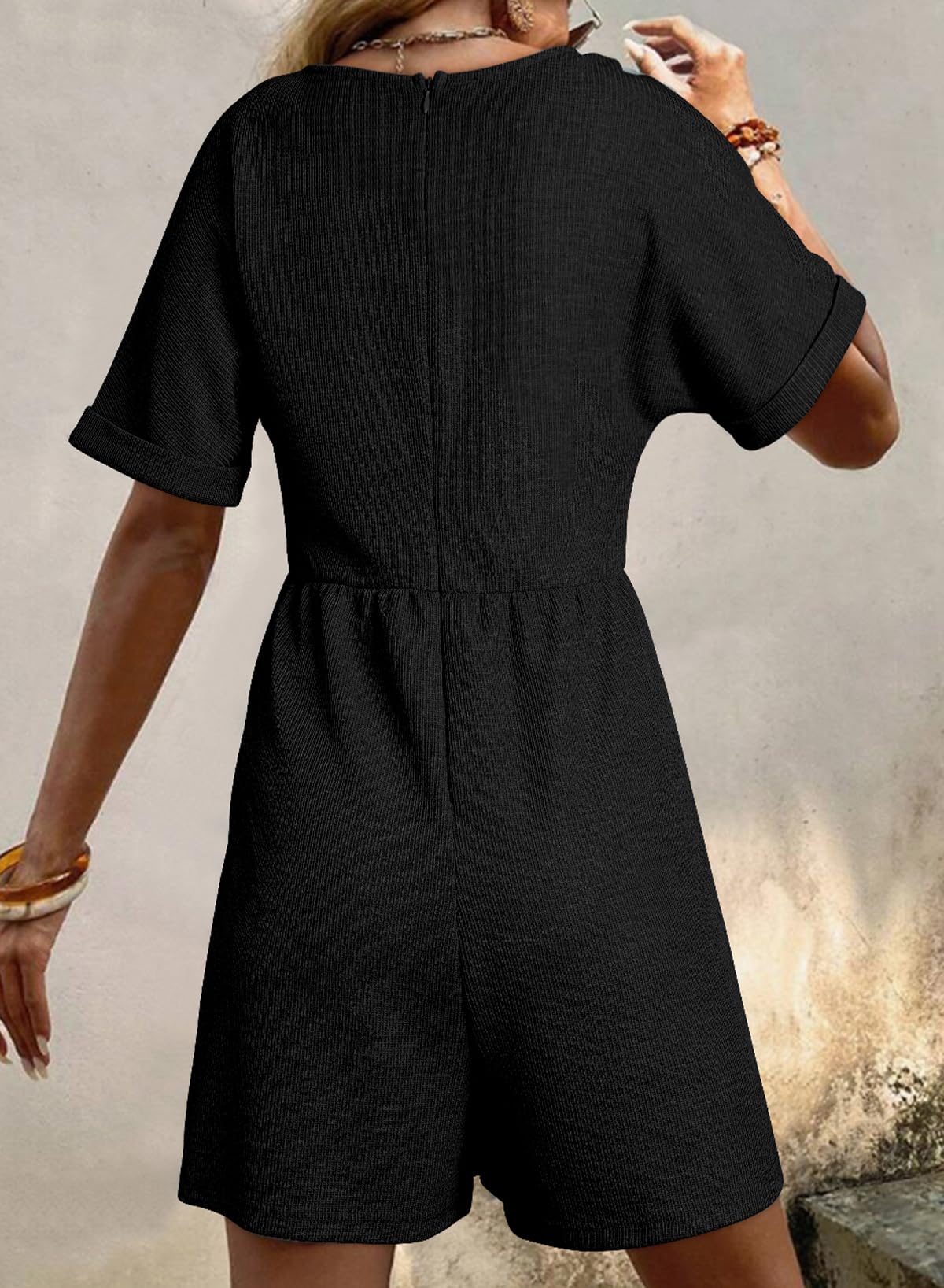 AlvaQ Rompers for Women Solid Color Casual Short Sleeve V Neck Zipper Short Jumpsuits with Pockets