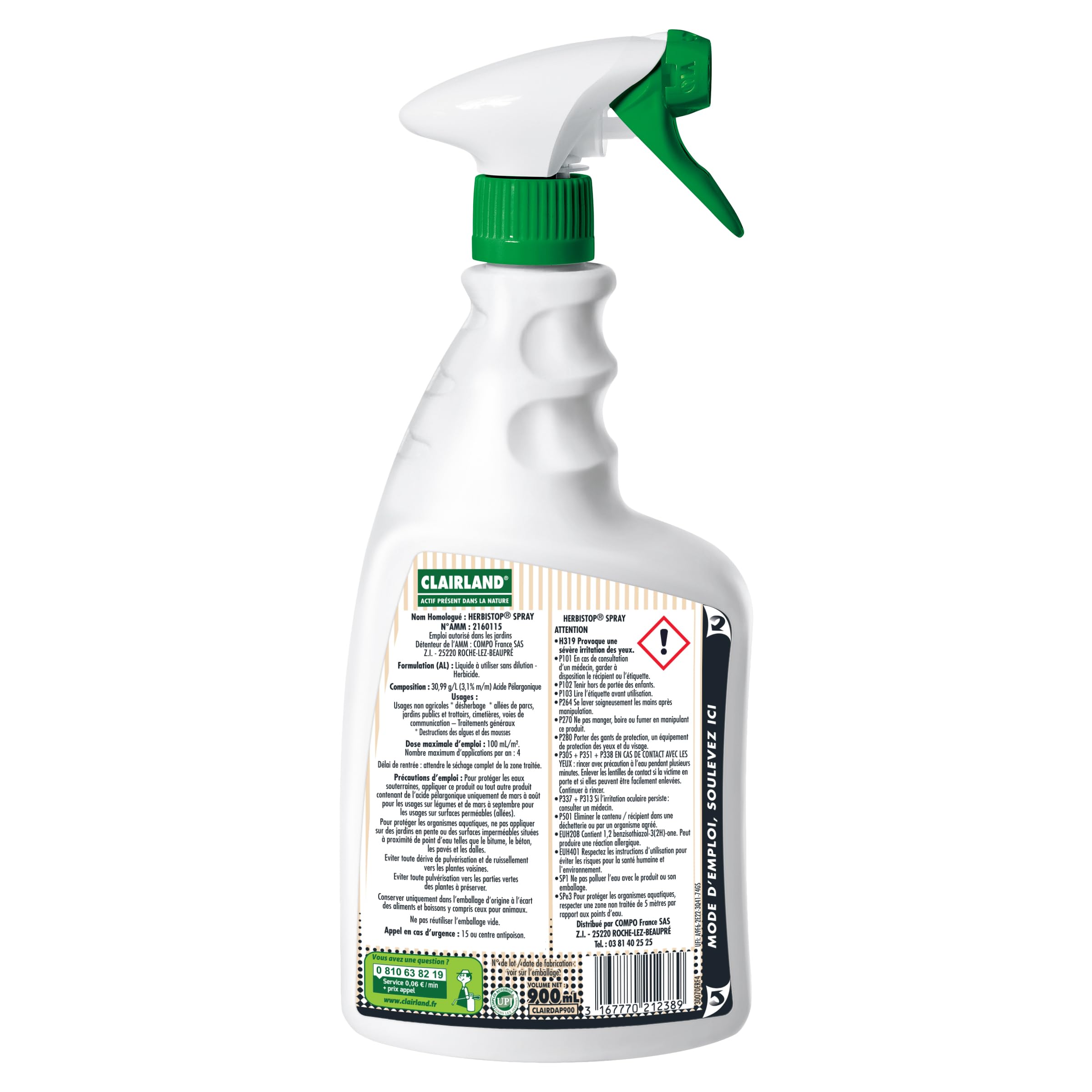 CLAIRLAND Désherbant Allées Terrasses Actif Nature Prêt à l'emploi 900 ML